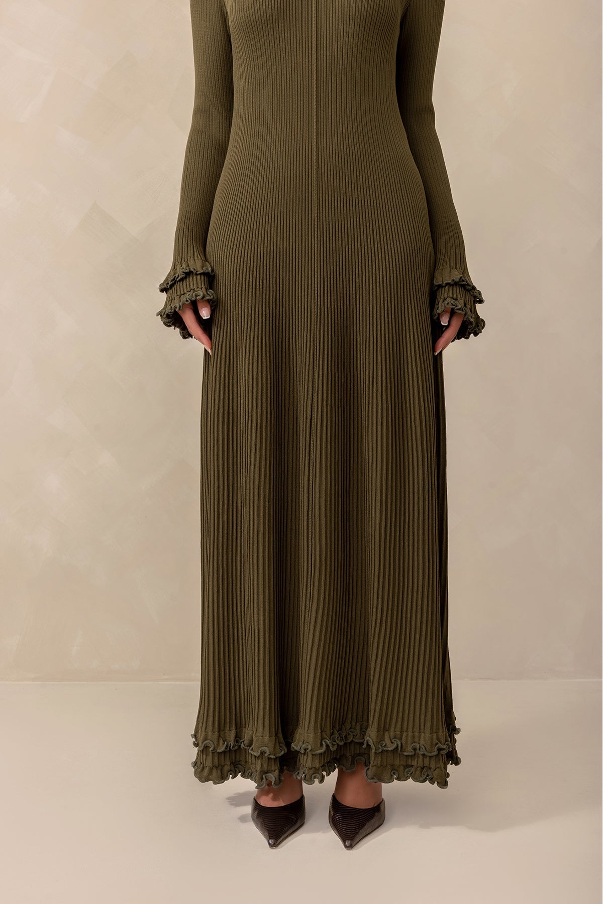 Isadora Ruffle Knit Long Sleeve Maxi Dress for Women - Olive Green Flowy Boho Dress for Casual Outings & Beach Vacations