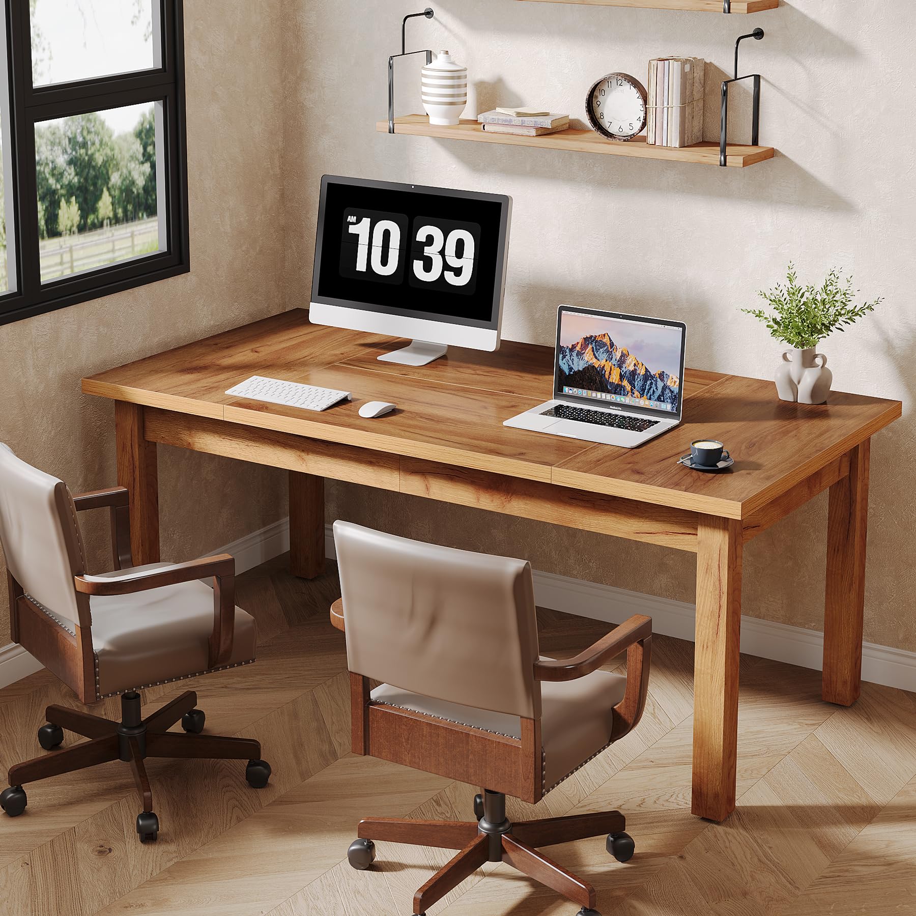 Tribesigns 70 Inch Large Computer Desk - Farmhouse Style Office Desk with Solid Wood Legs, Sturdy Thickened Frame & Board | Perfect for Home Office, Study Room & Workspace