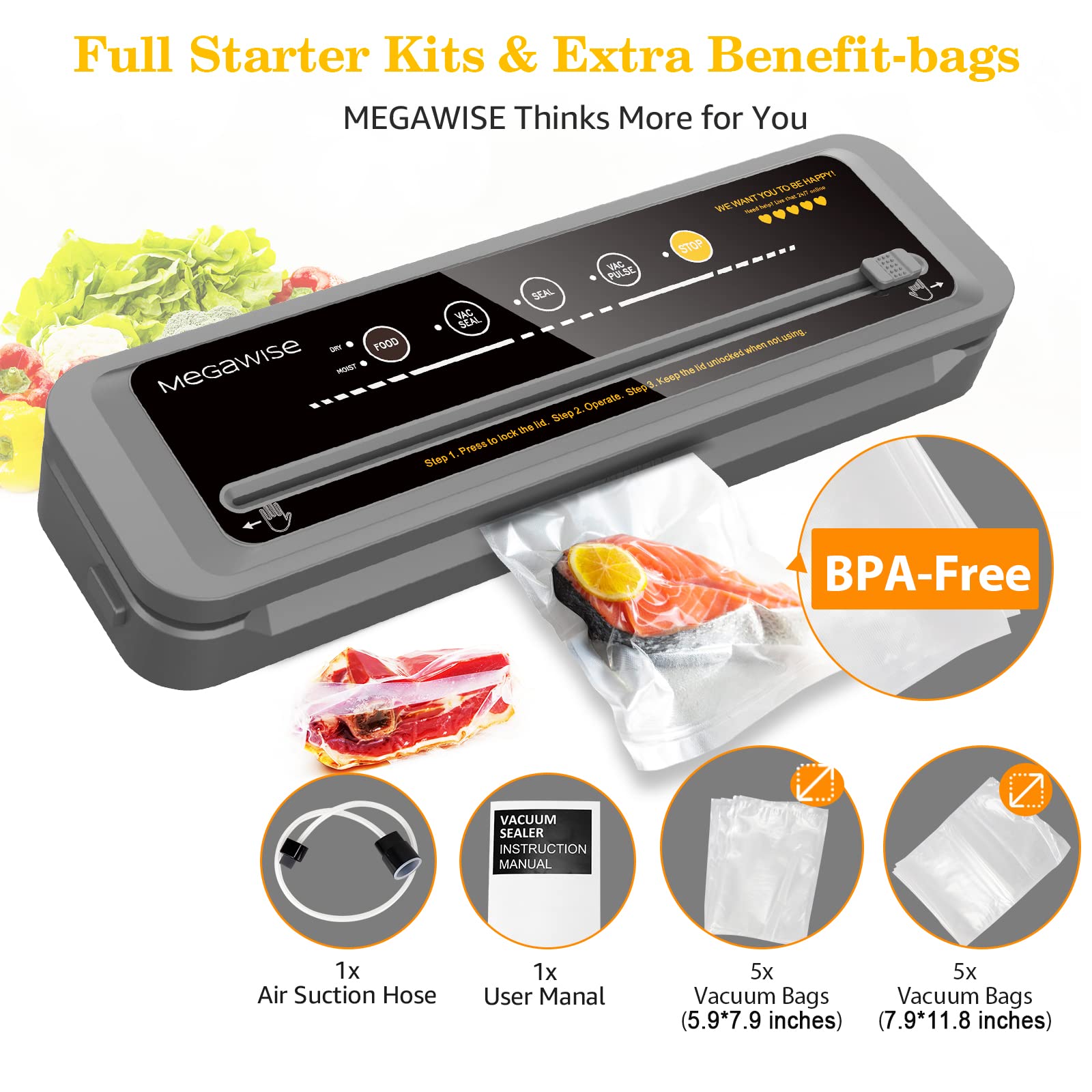 MegaWise Vacuum Sealer Machine with 80kPa Strong Suction - Includes Bags & Cutter (8