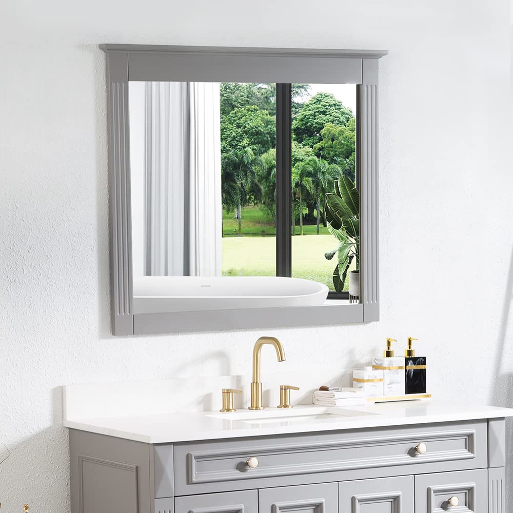 WELLFOR 38x33 Inch Wall Mounted Wood Framed Vanity Mirror - Rectangle HD Bathroom Mirror with Vertical/Horizontal Hanging Options - Perfect for Bathroom, Living Room & Entryway Decor - Elegant Grey Finish