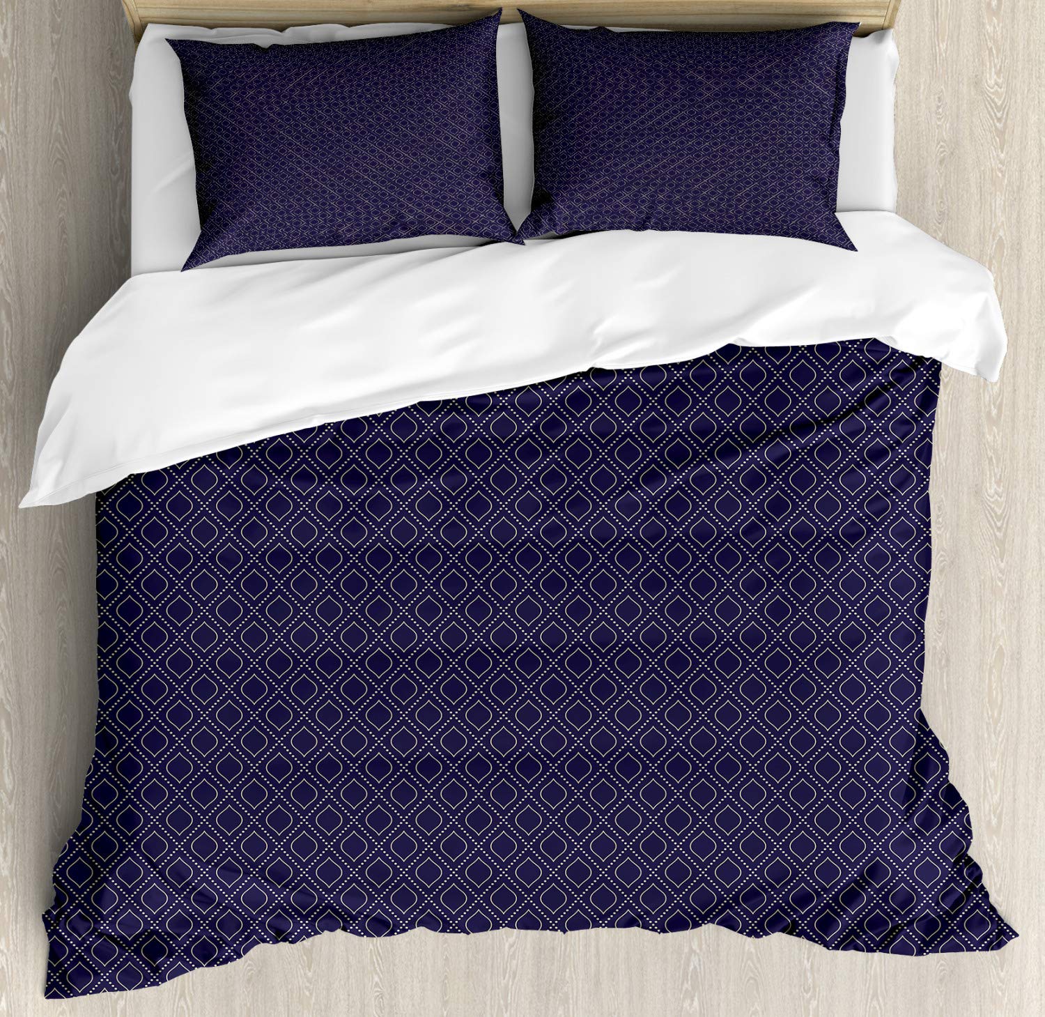 Ambesonne Navy Blue Duvet Cover Set - Geometric Dotted Pattern with Abstract Ogee Shapes, 3-Piece Bedding Set Includes 2 Pillow Shams, California King Size, Dark Blue & Tan - Perfect for Modern Bedroom Decor & Guest Room Styling
