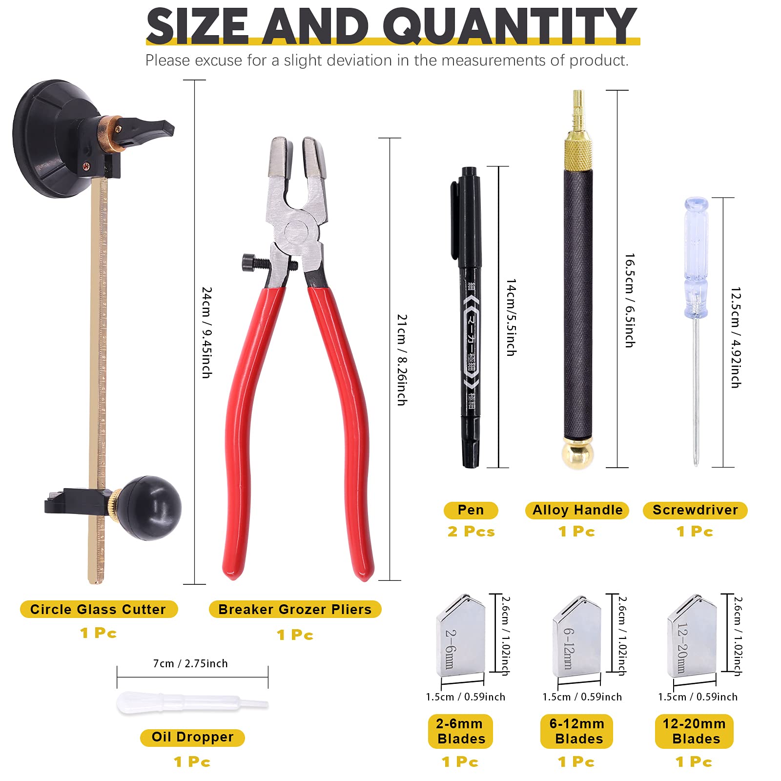 9-Piece Glass Cutting Tool Set with Adjustable Circular Cutter, Running Pliers & Carbide Tips (2mm-20mm) – Includes 3 Bonus Blades for DIY Mosaic, Mirror & Tile Projects – Perfect for Home Renovation & Crafting