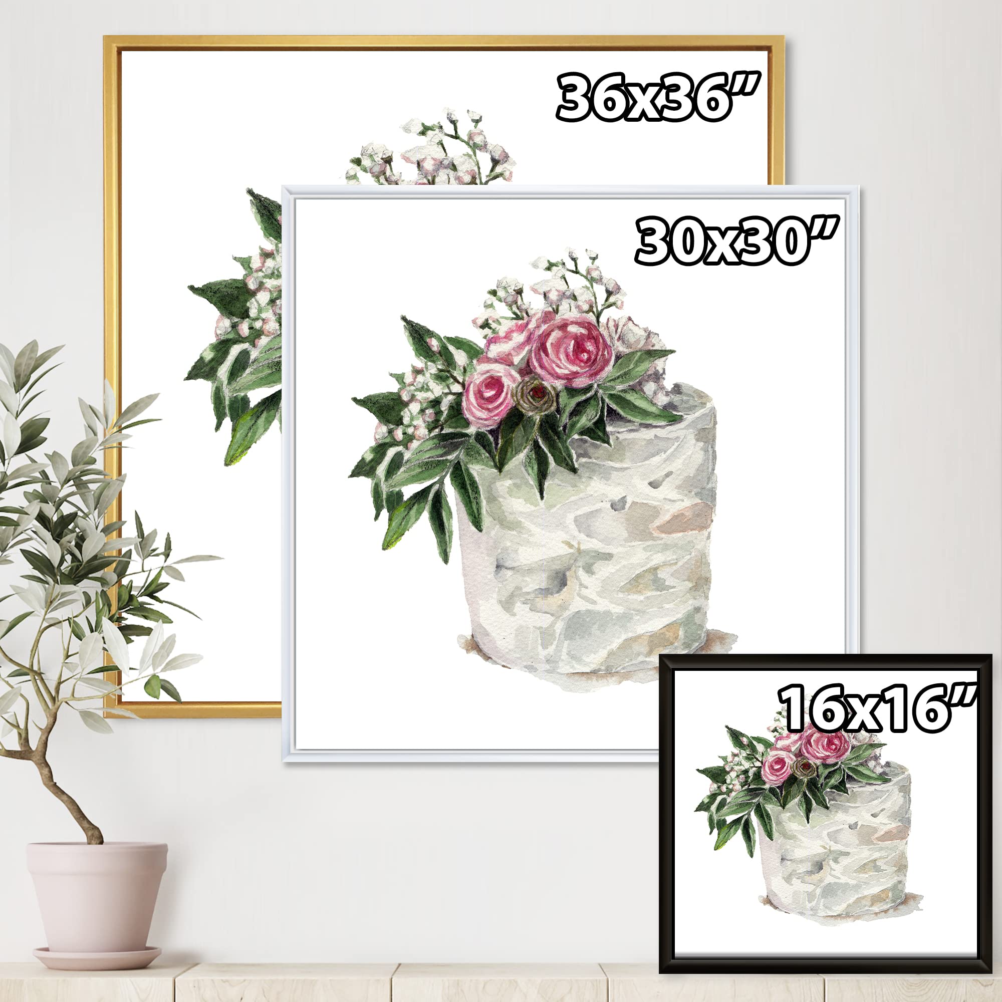 DesignQ Pink Roses and White Flowers on Cake - Traditional Framed Canvas Wall Art Print for Home Decor, Living Room, Bedroom & Office