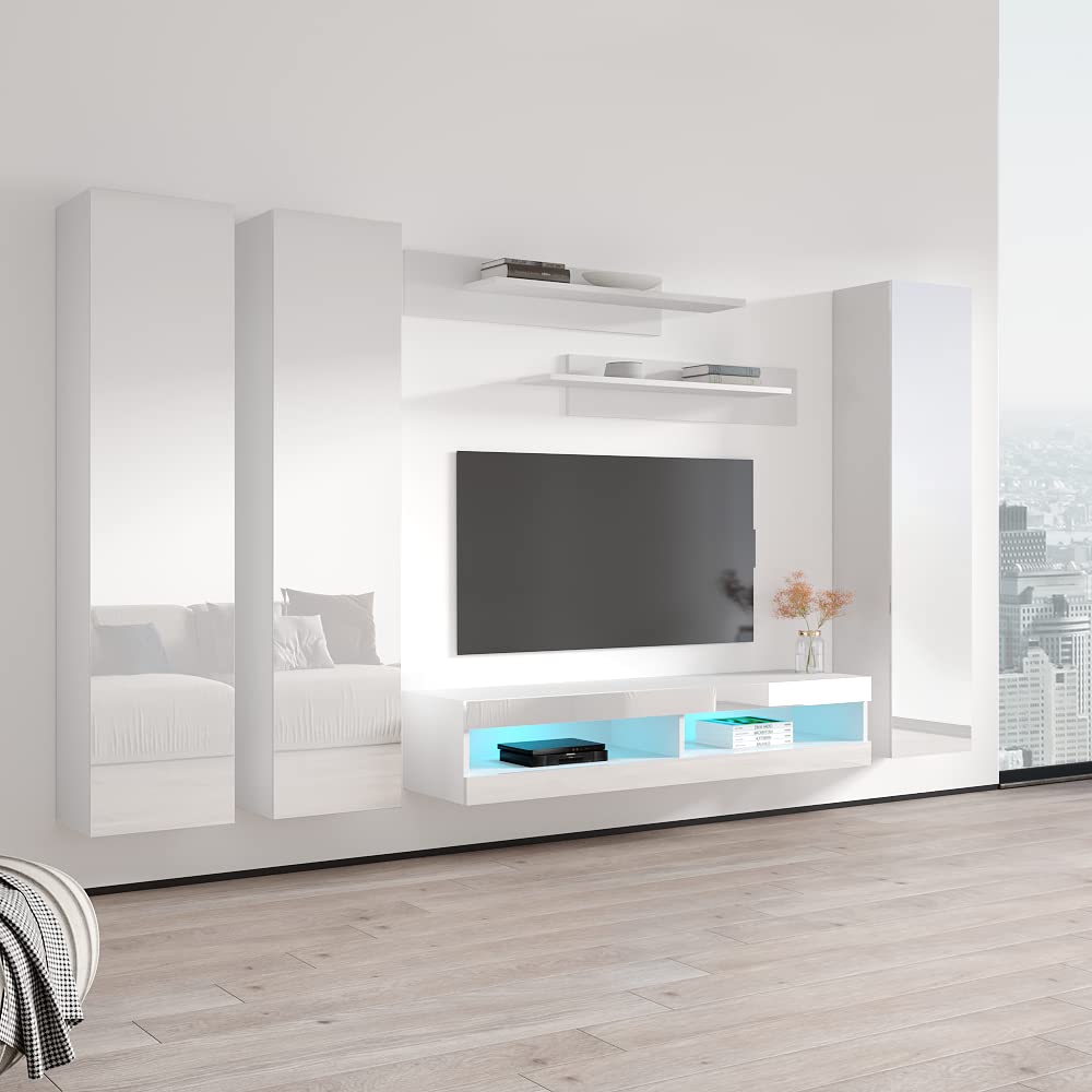 Modern White Wall-Mounted TV Stand with Storage Shelves & LED Lights - 34