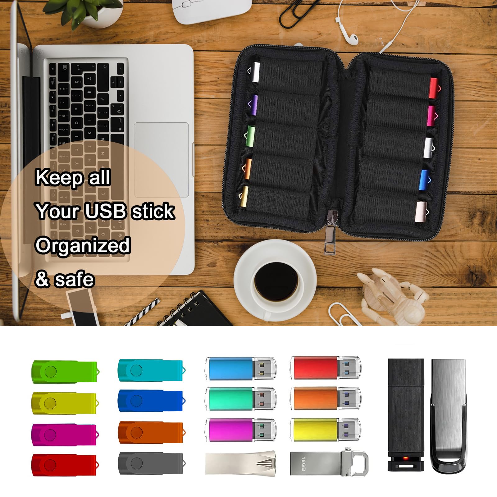 TATMOHIK USB Flash Drive Case - 10 Slot Memory Stick Storage Bag Organizer for USB Sticks, Thumb Drives, Jump Drives & Zip Drives (Black) - Perfect for Office, School & Travel Data Storage