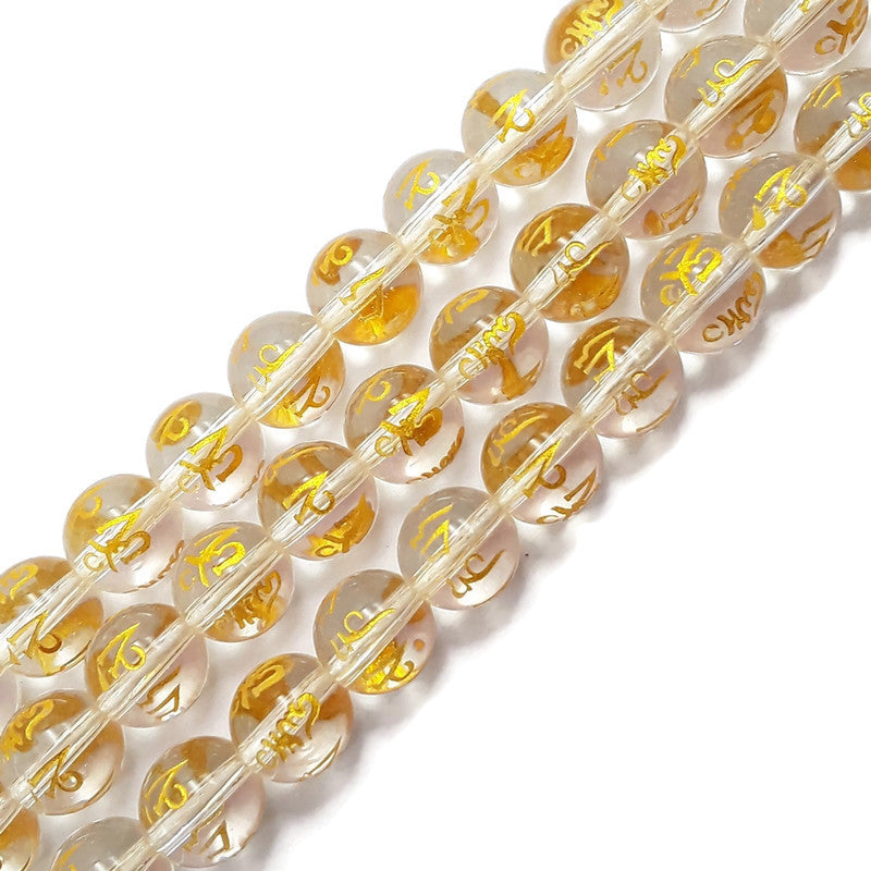 10mm Clear Quartz Smooth Round Beads with Carved Chinese Symbols - 15.5 Inch Strand for Jewelry Making, Meditation & Feng Shui Decor