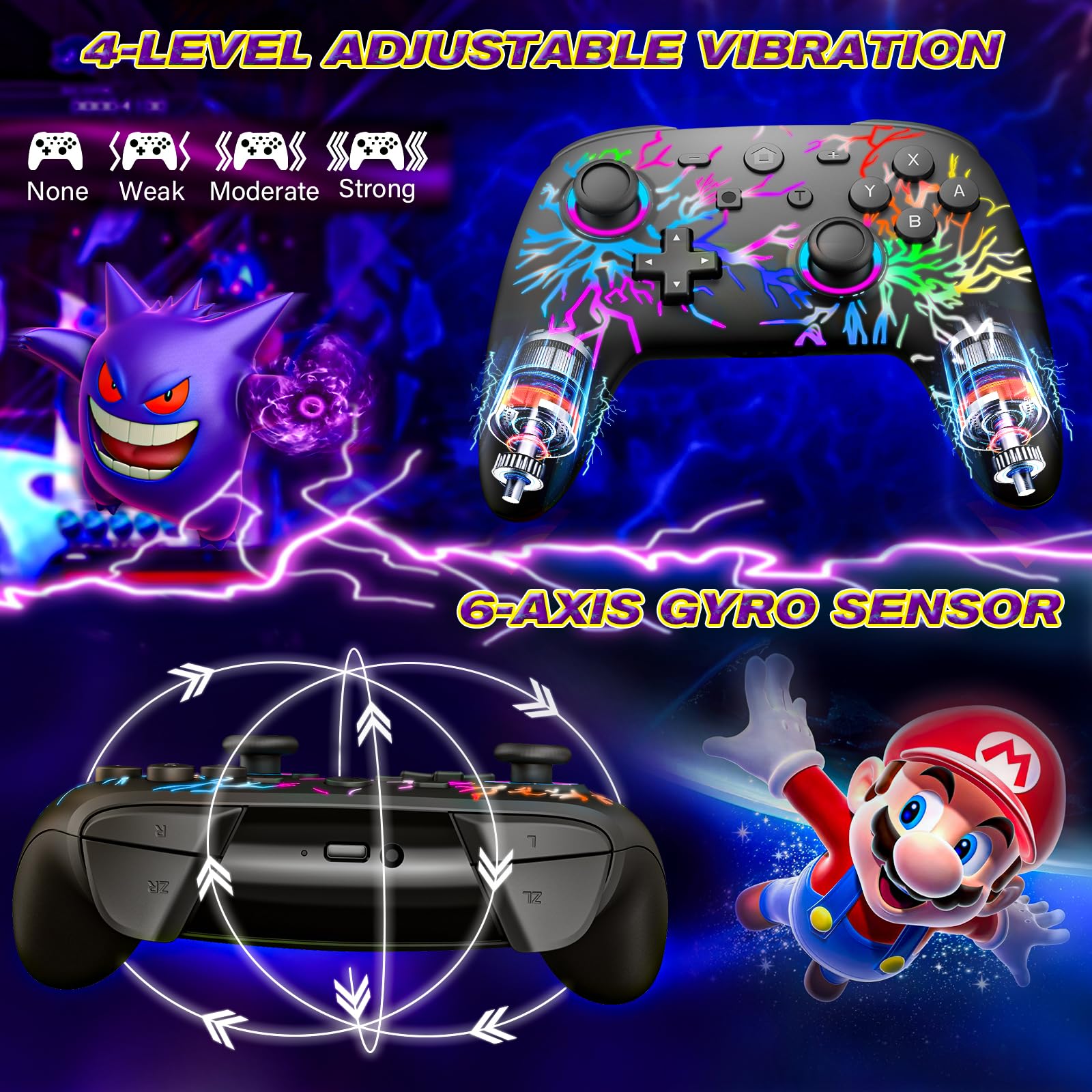 Fanlacy Wireless Switch Controller with LED, 6-Axis Gyro, Adjustable Vibration & Turbo Function - Compatible with Nintendo Switch/OLED/Lite - Perfect for Gaming, Travel & Family Entertainment