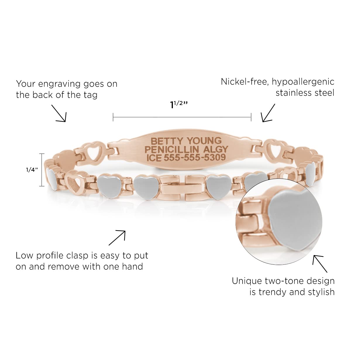 Lauren's Hope Stylish Medical Alert Bracelets for Women - Stainless Steel Rose Gold, Gold & Silver Heart Link Bracelet with Free Custom Engraving | Waterproof Medical ID Jewelry | 1 Year Warranty | Perfect for Daily Wear, Emergency Identification & Fashion Accessories