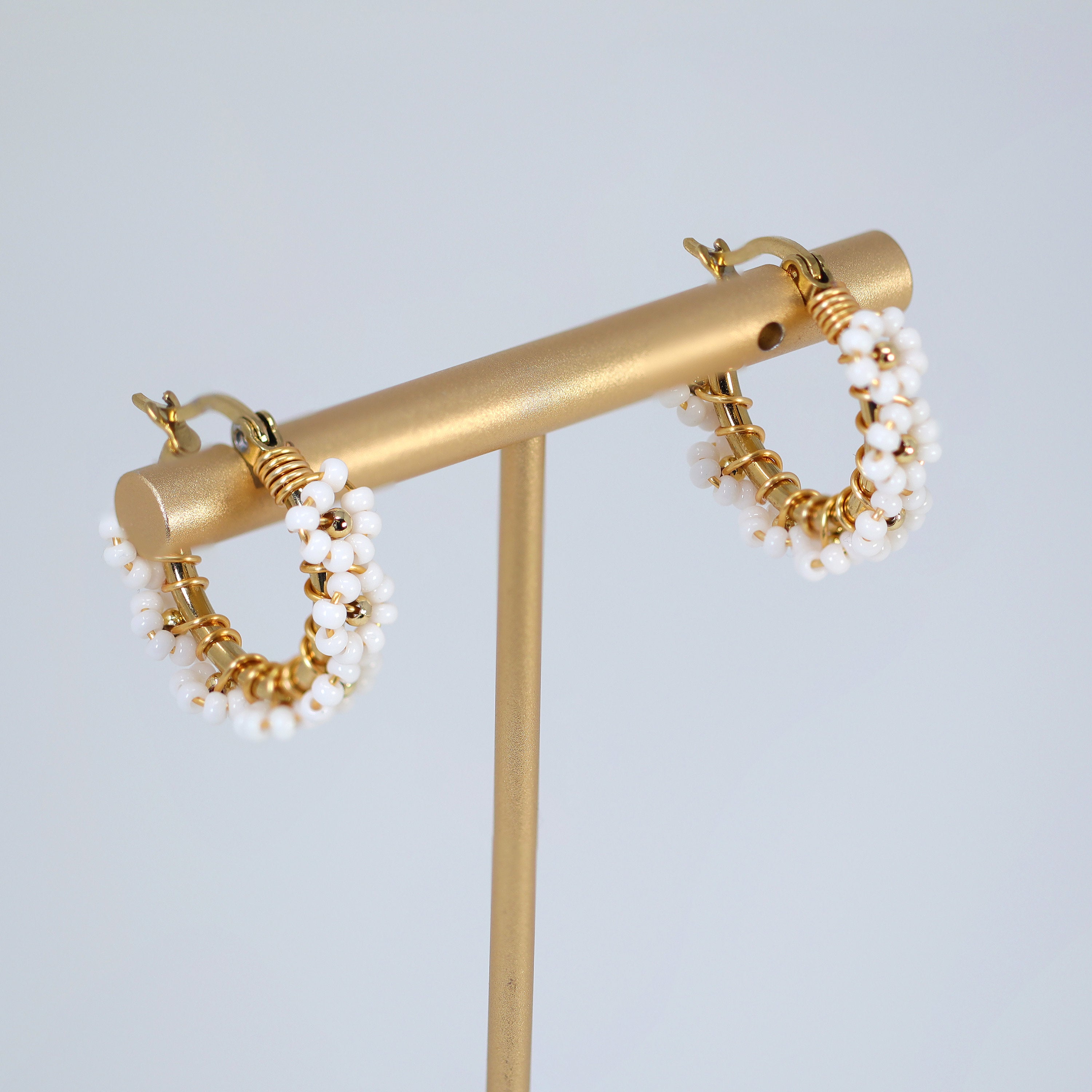 Gold White Beaded Hoop Earrings - Elegant Bridal Jewelry & Wedding Guest Statement Earrings | Perfect for Weddings, Parties & Special Occasions