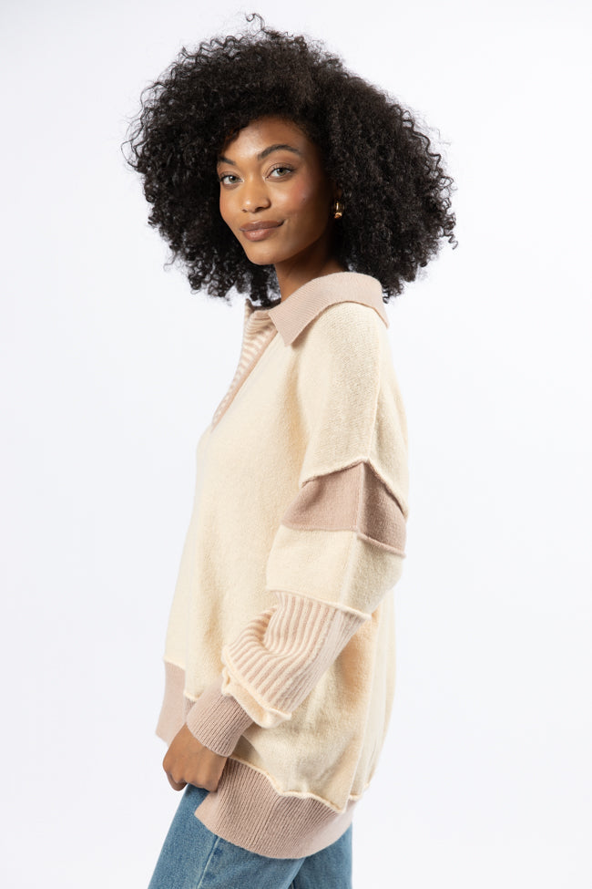 Think About It Cream and Mauve Collared Oversized Sweater for Women | Cozy Winter Pullover | Perfect for Casual Outfits, Office Wear & Date Nights