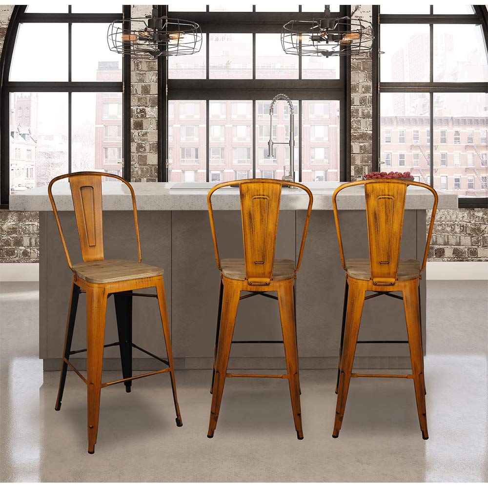 GIA High Back Armless Metal Bar Stools with Light Wood Seat - Set of 4 Antique Orange Counter Height Chairs for Kitchen Island, Breakfast Nook & Home Bar Decor