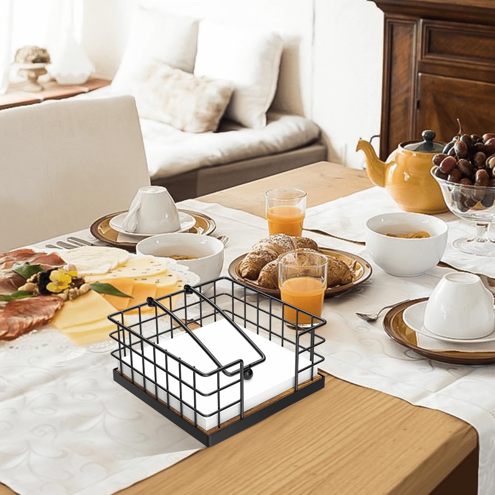 Farmhouse Wooden Napkin Holder for Table - Rustic Brown and Black Weighted Arm Flat Napkin Basket - Kitchen Paper Napkin Dispenser for Dining Room, Restaurant & Farmhouse Decor