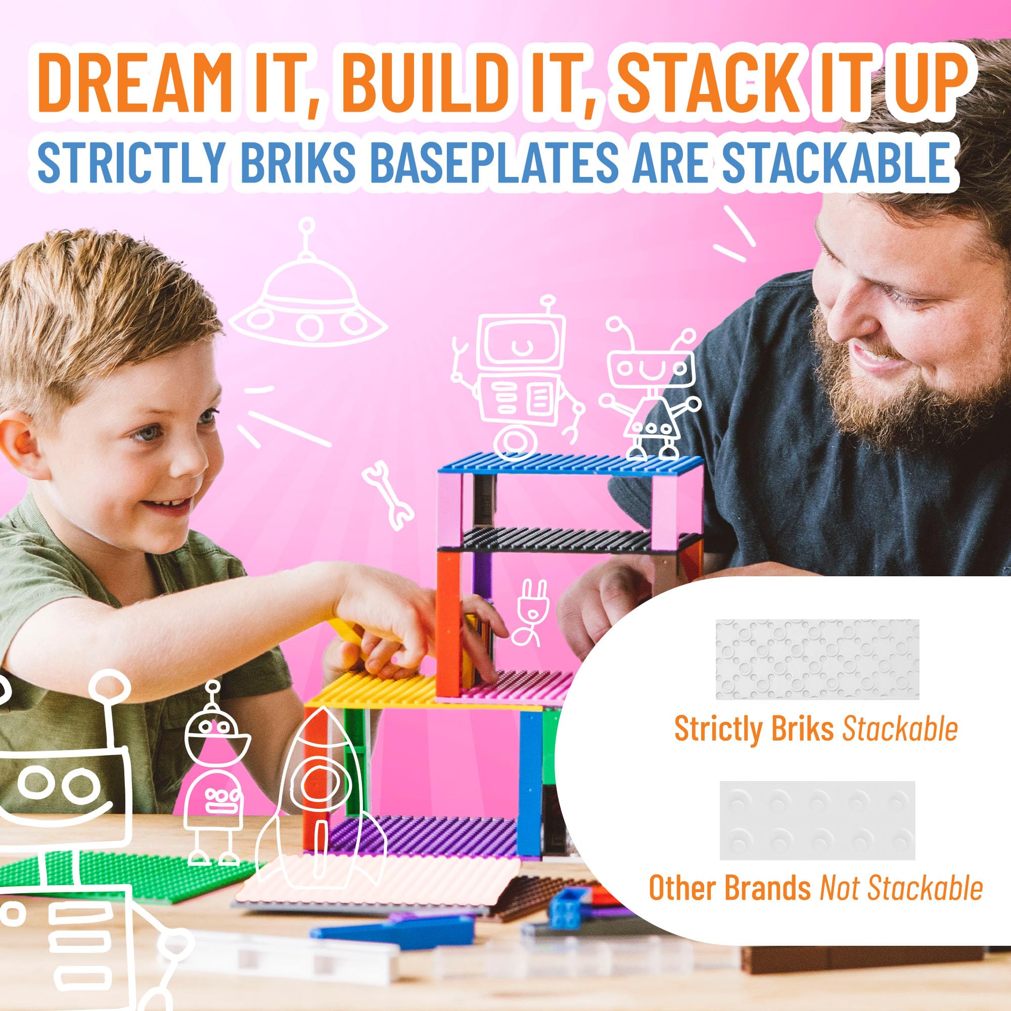 Strictly Briks LEGO-Compatible Stackable Baseplates - 4 White 10x10 Inch Base Plates & 30 Stackers - 100% Compatible with All Major Building Brick Brands - Perfect for Towers, Shelves & Creative Play