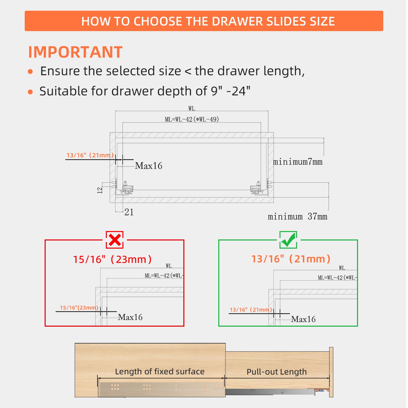 15 Inch Soft Close Drawer Slides - Full Extension Concealed Rails with Brackets - 80 lb Load Capacity - Heavy Duty Cabinet Hardware for Kitchen, Office & Furniture Installation (1 Pair)