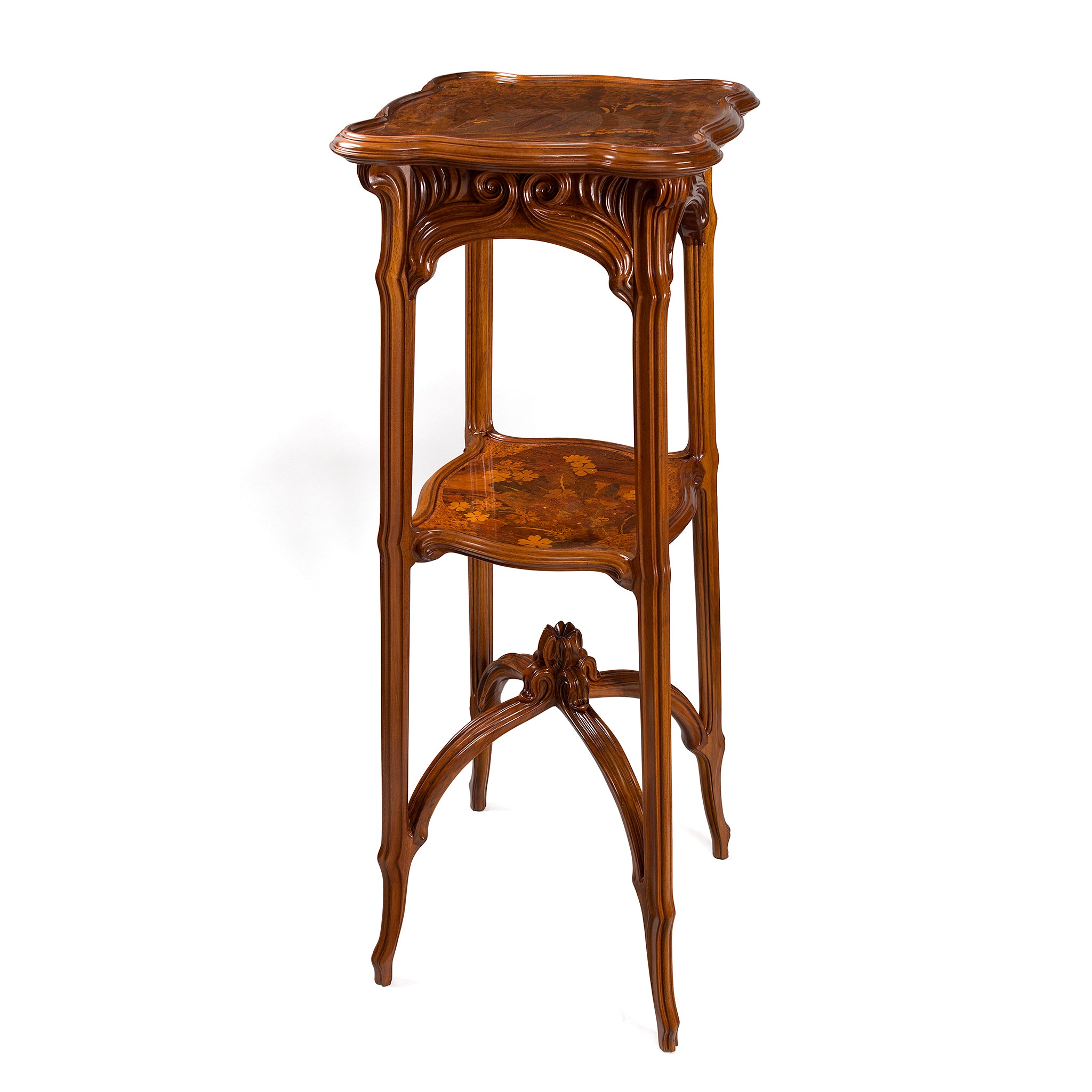 Émile Gallé Hand-Carved French Walnut & Fruitwood Marquetry Pedestal - Vintage Art Nouveau Display Stand for Home Decor & Collector's Showcase