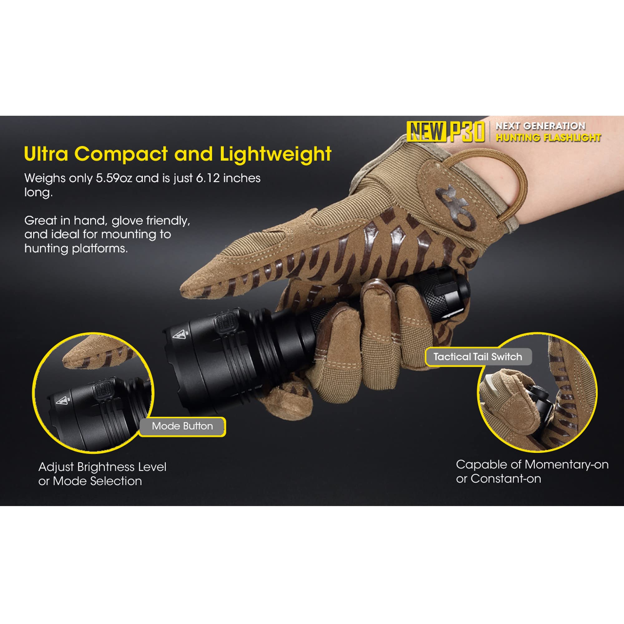 Nitecore P30 1000 Lumen Tactical Flashlight with 676 Yard Beam Distance | Rechargeable Hunting Light with UI1 Charger & LumenTac Organizer | Perfect for Outdoor Adventures, Camping, and Night Hunting
