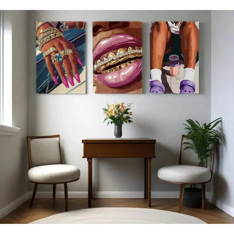 3-Piece African American Woman Wall Art - Pink, Purple & Golden Metal Prints Ready to Hang - Perfect for Living Room, Bedroom & Office Decor
