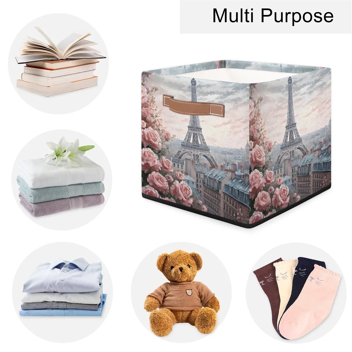 13 Inch Collapsible Storage Basket with Leather Handle - Foldable Organizer Bin for Closet, Shelves & Home Decor | Perfect for Bedroom, Bathroom & Nursery Organization (Rose Tower Design)
