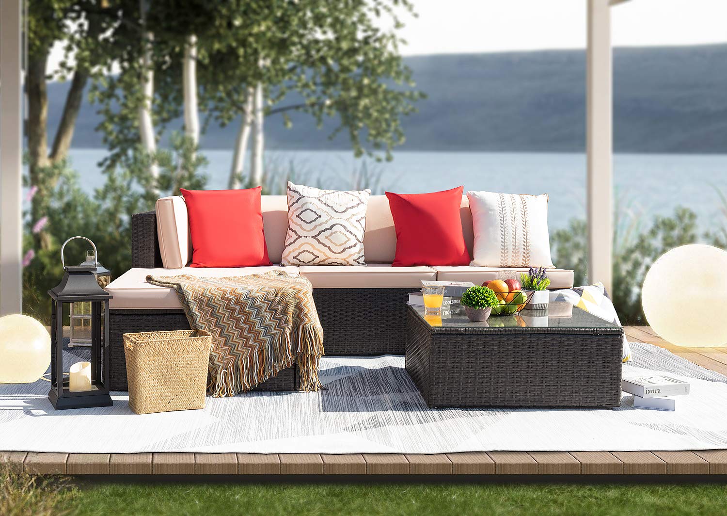 KaiMeng 5-Piece All-Weather Rattan Patio Furniture Set with Cushions & Glass Table - Outdoor Wicker Sectional Sofa Conversation Set for Garden, Deck, Backyard (Beige) | Perfect for Lounging, Entertaining & Relaxing
