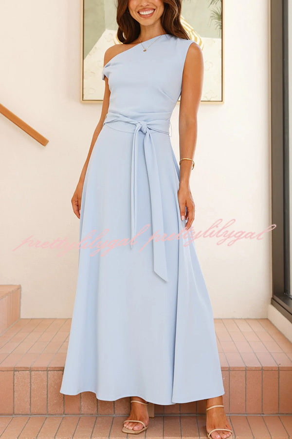 Elegant Solid Color Sloped Collar Slim Fit Waist Lace Up Maxi Dress for Women | Formal & Casual Occasions | Perfect for Weddings, Parties & Date Nights