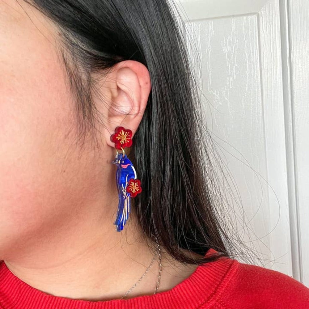 Blue Magpie Acrylic Earrings for Women - Lightweight Dangle Drop Earrings with Unique Bird Design - Perfect for Parties, Weddings & Everyday Wear