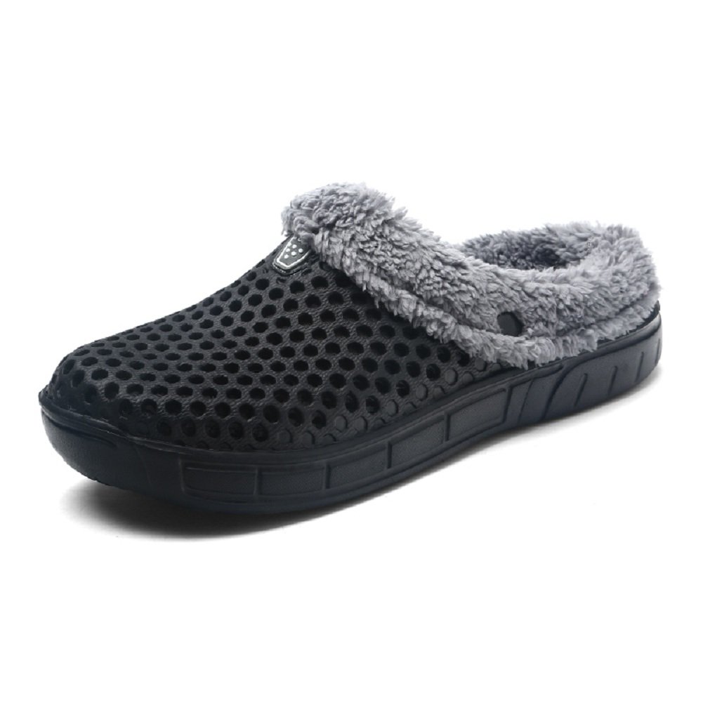 QISHENG Men's & Women's Fur-Lined Mules Clogs - Slip On Garden Shoes, Warm Winter Slippers with Non-Slip Sole - Perfect for Indoor/Outdoor Use at Home, Yard, Beach & Poolside (Black)