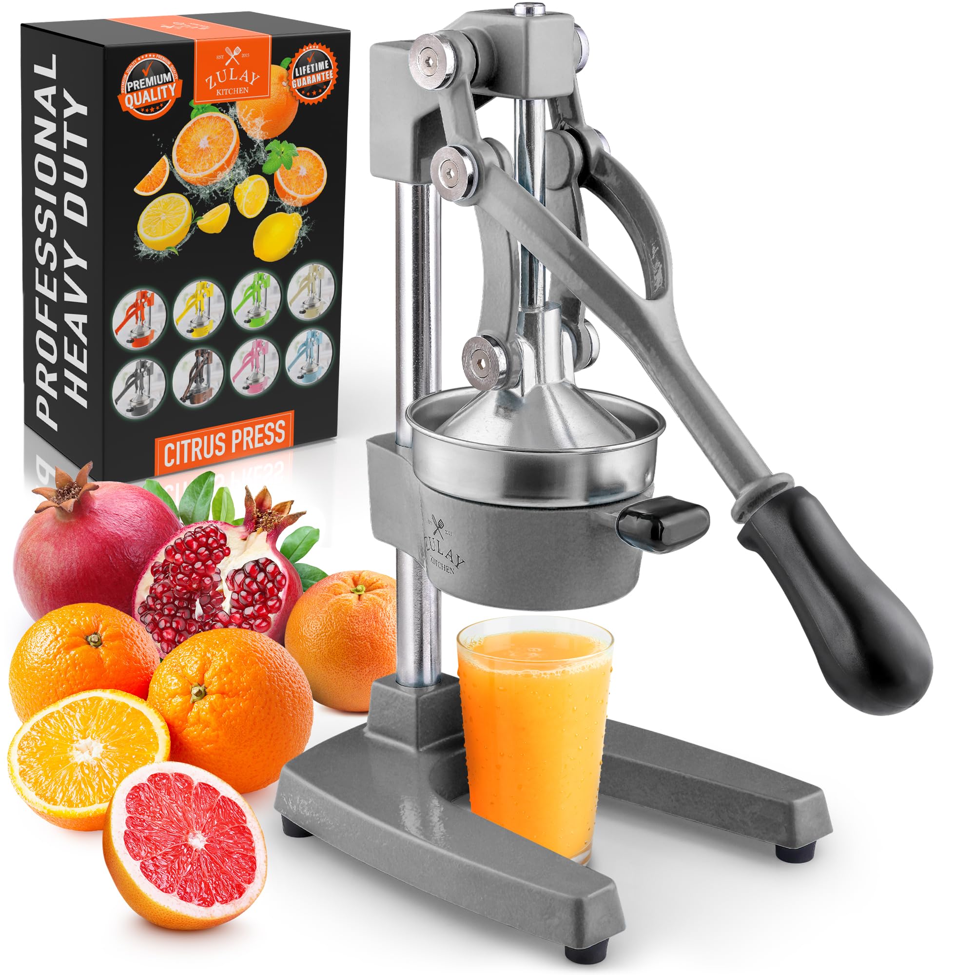 Zulay Kitchen Heavy-Duty Cast Iron Citrus Juicer - Professional Manual Orange & Lemon Squeezer with Stainless Steel Press - Easy to Clean, Durable for Fresh Juice - Perfect for Home Bars, Restaurants & Healthy Breakfasts (Gray)