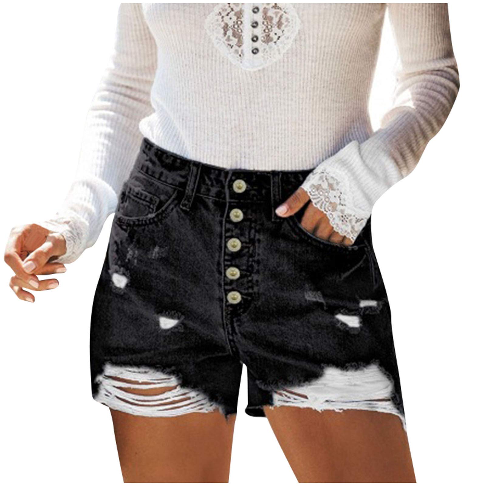 Sexy Ripped Denim Shorts for Women - High Waisted Button Up Jean Shorts | Fashionable Solid Color Short Denim Pants | Perfect for Summer, Beach, Casual Outings & Street Style