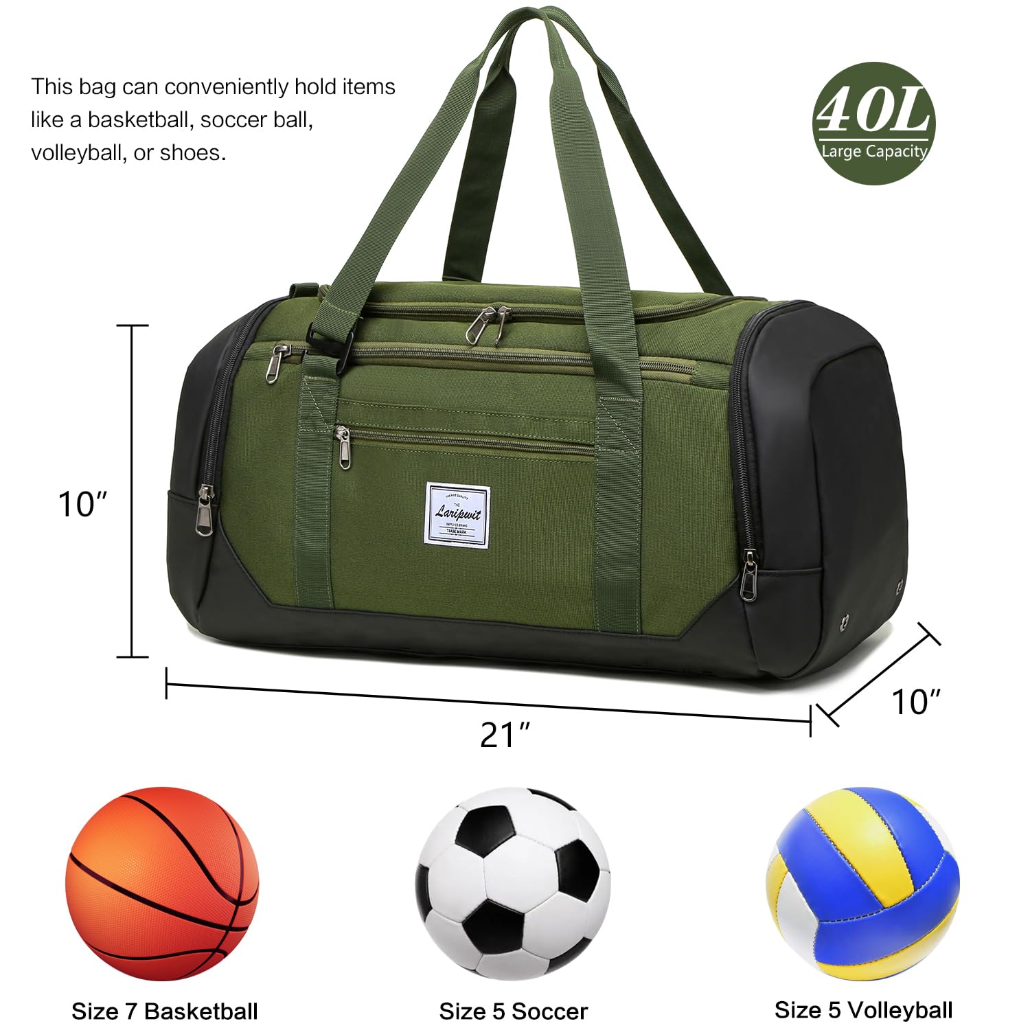 Laripwit 40L Gym Backpack for Men & Women - Sports Duffle Bag with Shoe Compartment & Wet Pocket - Basketball Travel Bag for Weekender, Overnight Trips, Workout & Gym Use - Green