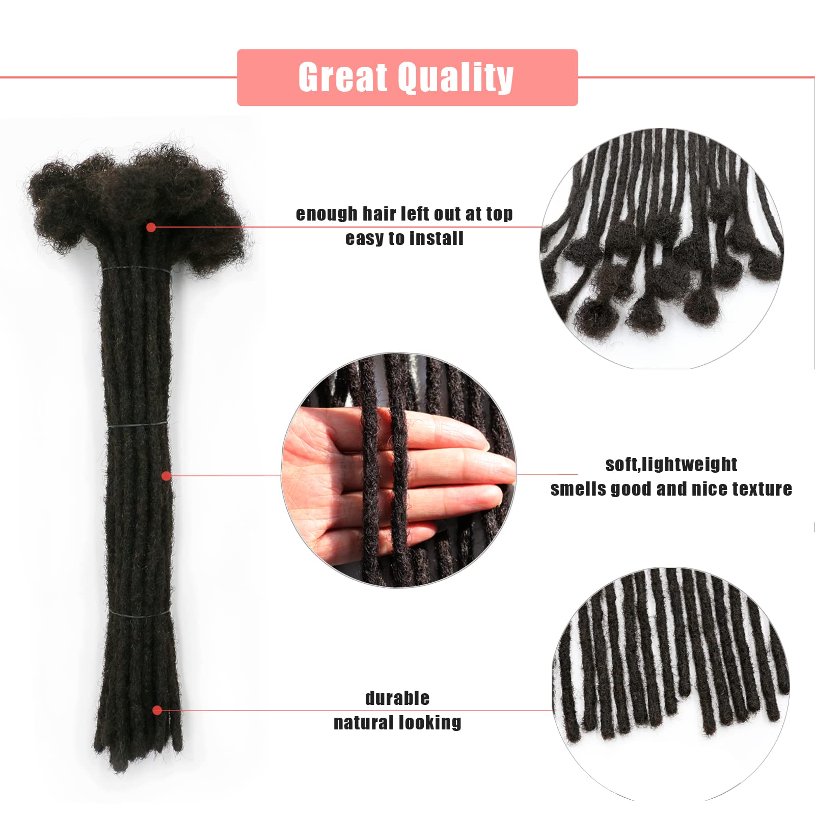 14 Inch Human Hair Loc Extensions - 60 Strands 0.4cm Full Handmade Permanent Dreadlocks - Soft Natural Black Dreads with Needle & Comb - Can Be Dyed/Bleached/Curled - Perfect for Protective Styles, Twist Outs & Natural Hair Care