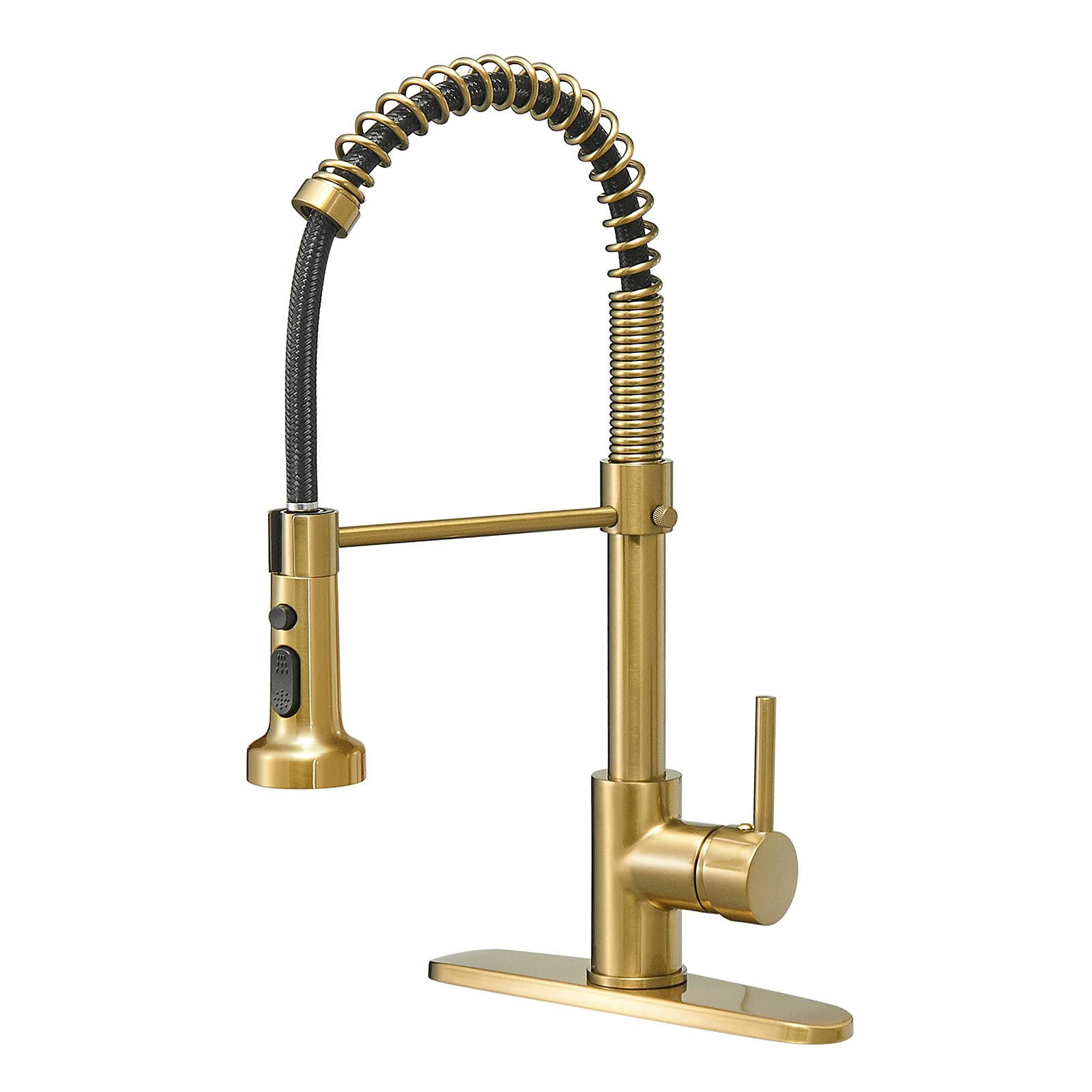 BESy Commercial Kitchen Faucet with Pull Down Sprayer - High-Arc Single Handle Spring RV Sink Faucet, 3-Function Brushed Gold Laundry Faucet for RV, Camper, Tiny House & Mobile Home Kitchen Upgrade