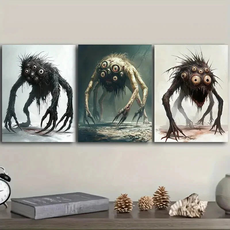 3-Piece Eye Monster Art Painting - Metal Print Wall Decor Ready to Hang - Gothic Home Decor for Living Room, Bedroom & Office
