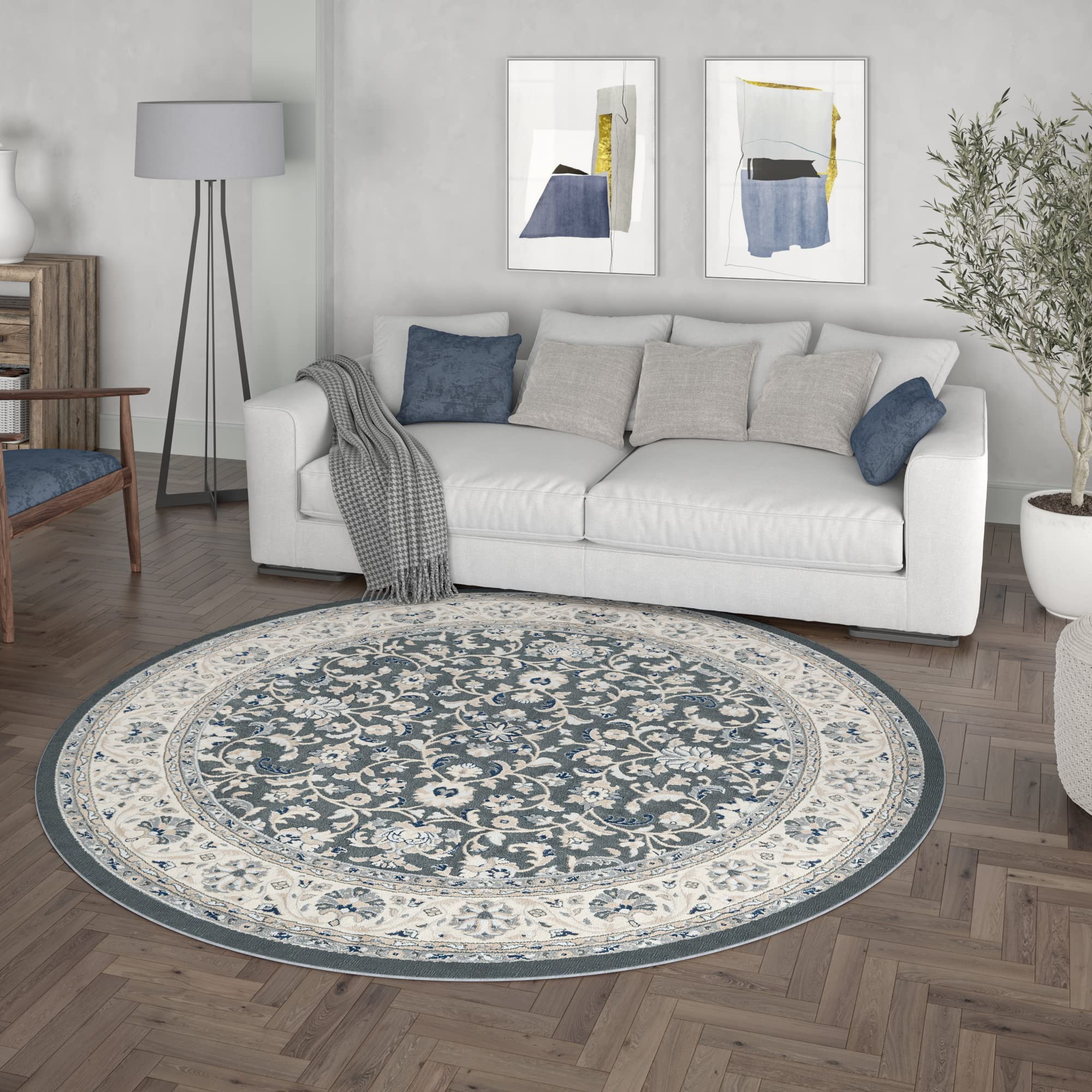Gray Modern Large 8ft Round Area Rug - Soft Contemporary Carpet for Living Room, Dining Room, Bedroom, Kitchen & Entryway - Perfect for Home Decor, Family Gatherings and Cozy Spaces
