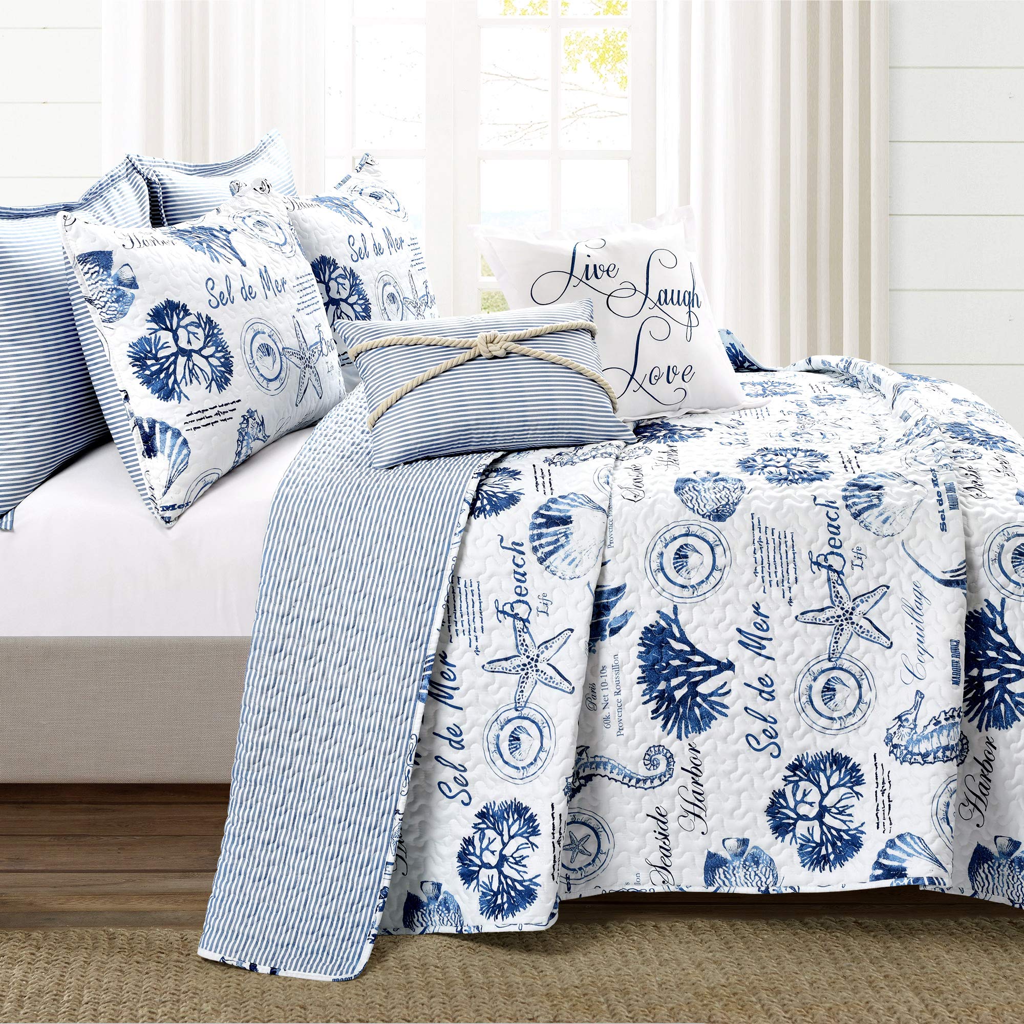 Lush Decor Harbor Life Reversible 7-Piece King Quilt Set - Indigo Striped Nautical Design with Sea Life Print | Coastal Bedroom Decor for Beach Houses, Guest Rooms & Vacation Homes