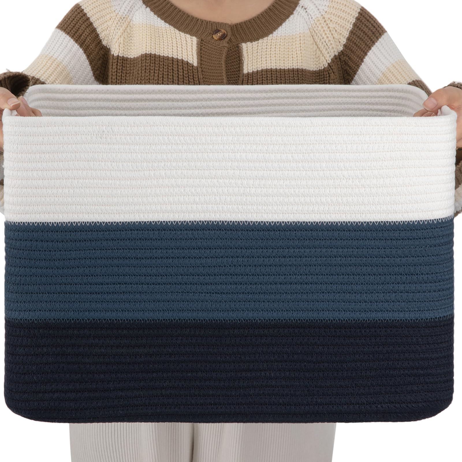 OIAHOMY Cotton Rope Storage Basket - 18”x14”x12” Rectangle Woven Organizer with Handles for Nursery, Living Room, Toys & Blankets - Gradient Blue Home Decor for Stylish Organization