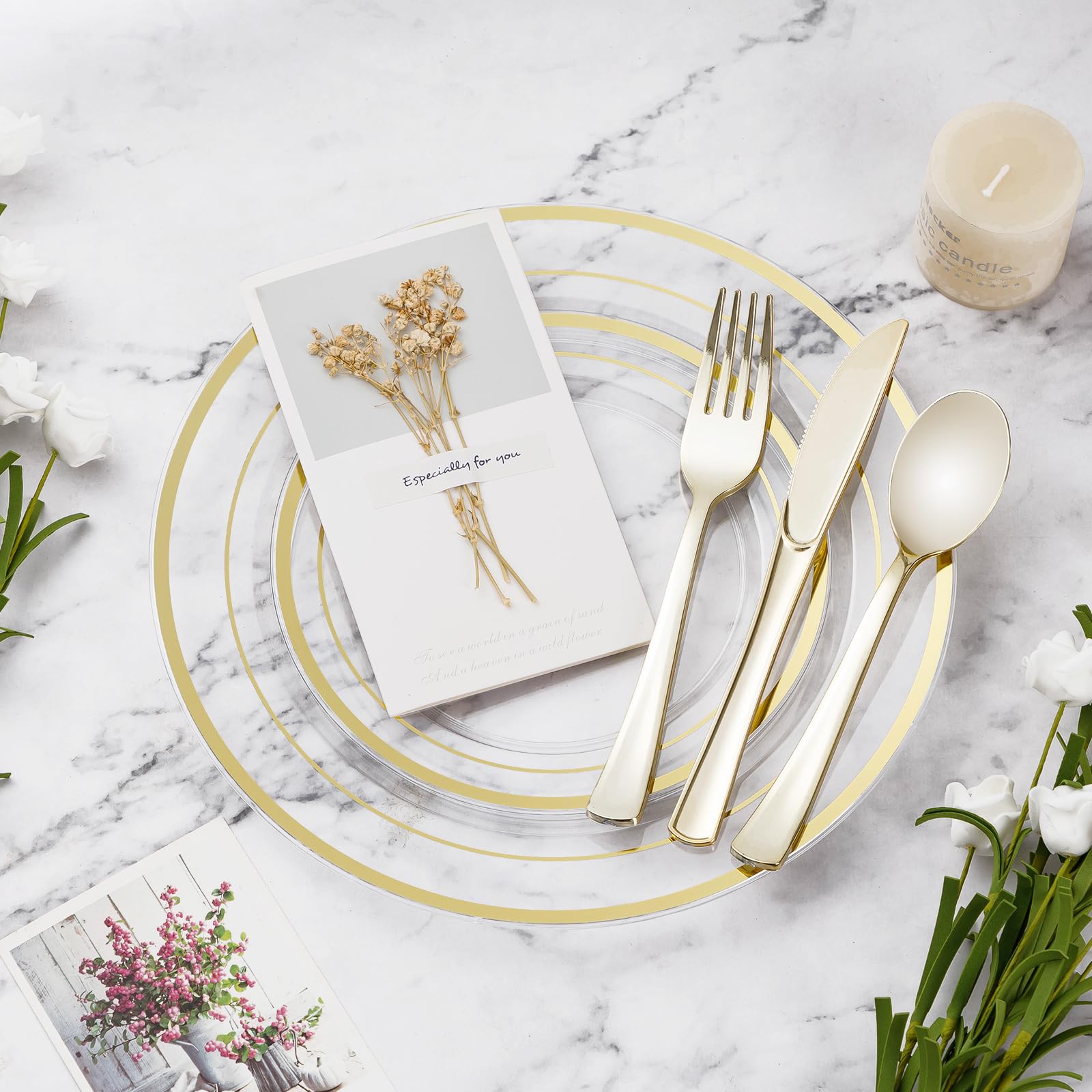 600-Piece Clear Gold Plastic Plate Set - Elegant Disposable Dinnerware for 100 Guests | Perfect for Weddings, Parties, Birthdays & Events (200 Plates, 200 Forks, 100 Spoons, 100 Knives) | Ideal for Catering, Buffets & Outdoor Gatherings