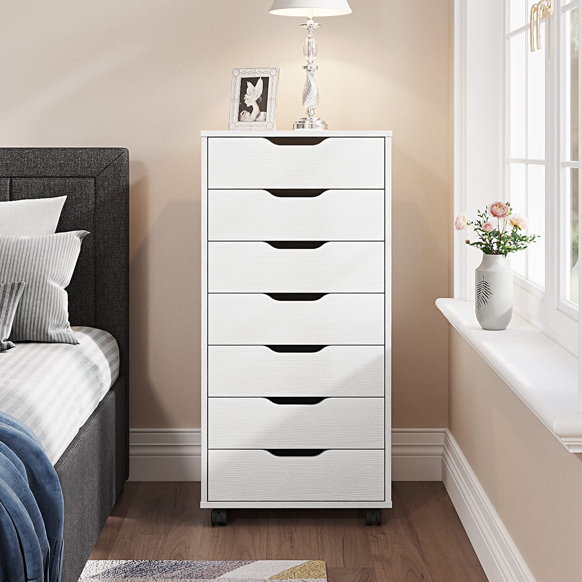 Panana 5/7 Drawer Wooden Chest - Tall Dresser Storage Cabinet with Wheels for Bedroom & Office Organization - White 7-Drawer Dresser for Clothes, Towels & Home Storage