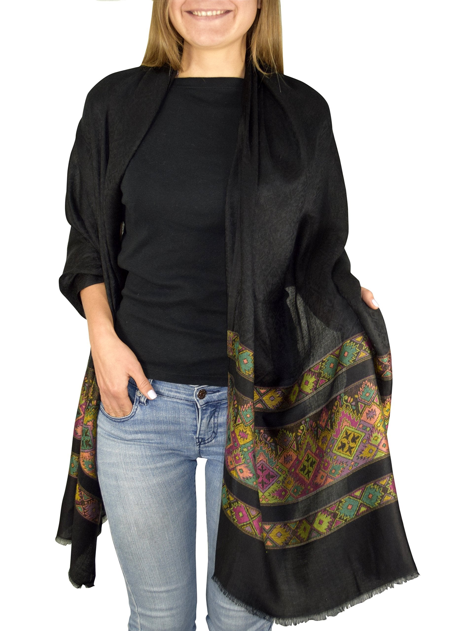 Exclusive Silky Shiny Tribal Paisley Printed Fringe Scarf - Black Peach Couture Fashion Accessory for Women, Boho Chic Style, Perfect for Parties, Festivals & Everyday Wear