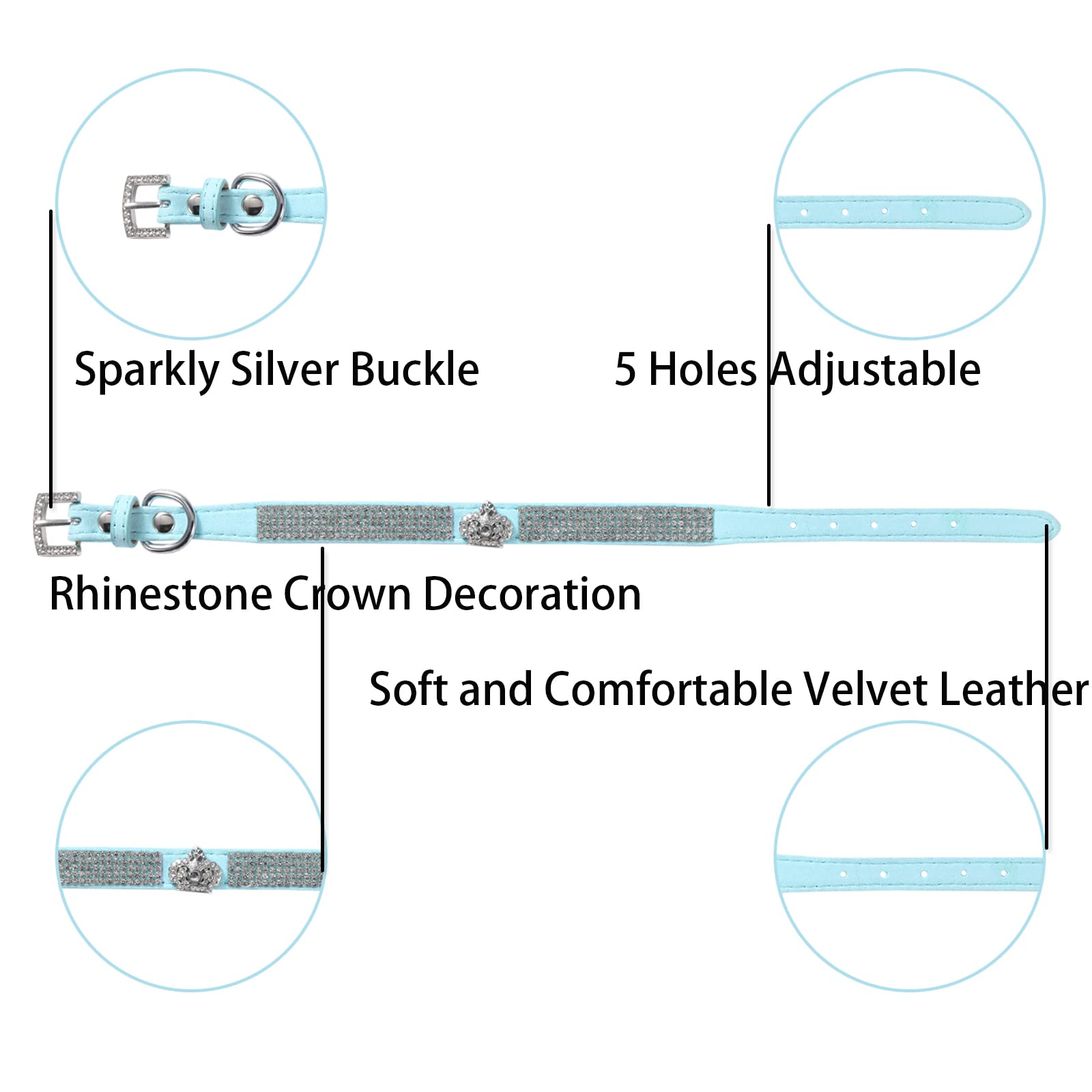 Luxury Sparkly Silver Buckle Rhinestone Crown Velvet Leather Pet Collar - Adjustable Dog Collar & Cat Collar with Bling Diamond Decor (Small, Blue) | Perfect for Small Dogs, Medium Cats & Puppies - Great for Daily Walks, Grooming & Special Occasions