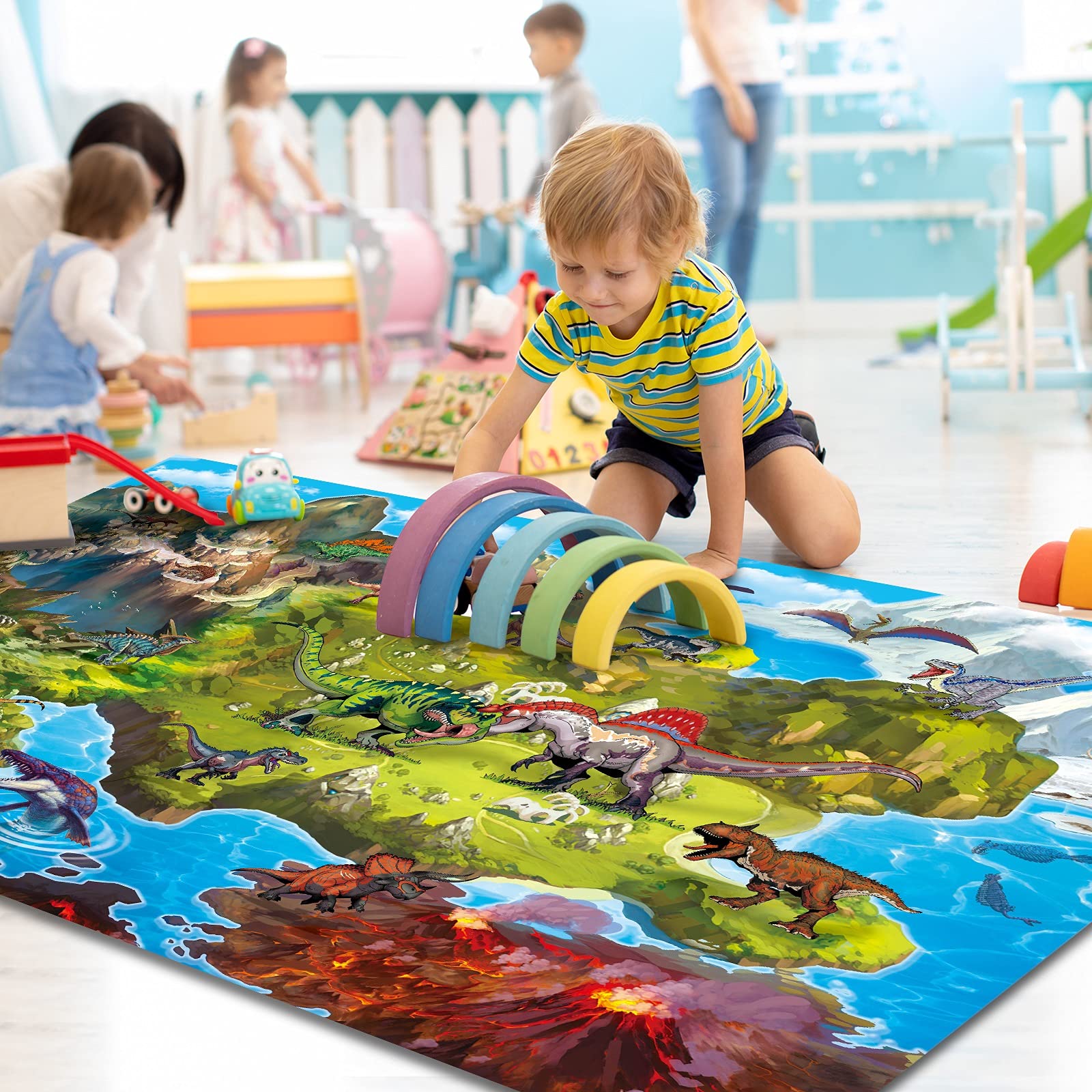 Oriate Kids Jurassic Dinosaur Play Mat - Interactive Pretend Play Rug for Dino Toys, Educational Floor Mat for Cognitive Learning & Dinosaur Collection | Perfect for Playrooms, Preschools & Parent-Child Bonding Activities