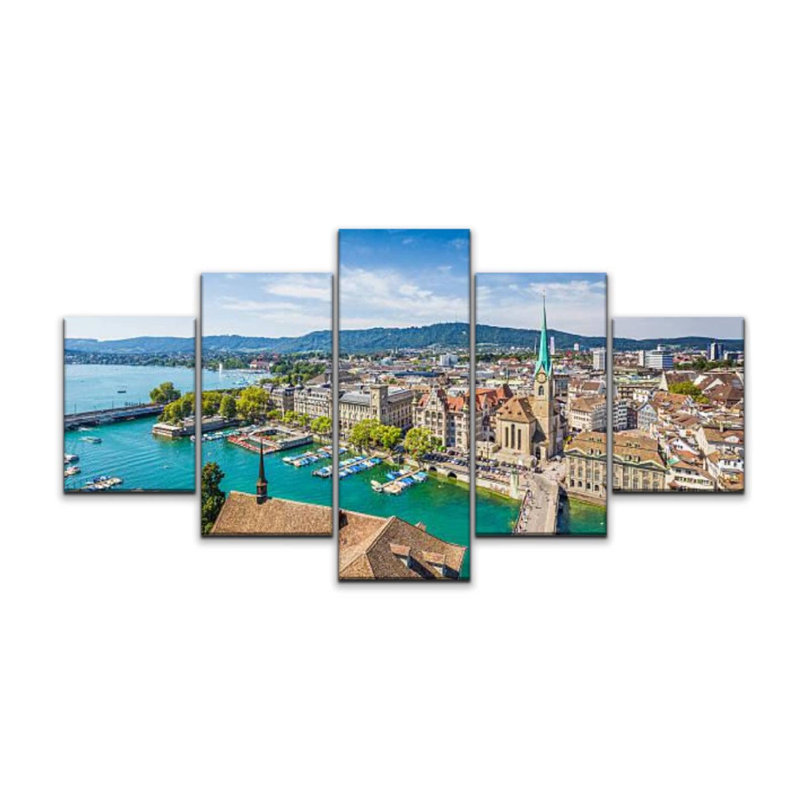 5-Panel Large Canvas Print - Aerial View of Zurich with Limmat River Switzerland, Stretched Framed Wall Art for Home Decor (60x32 Inch) | Perfect for Living Room, Bedroom & Office Wall Decor