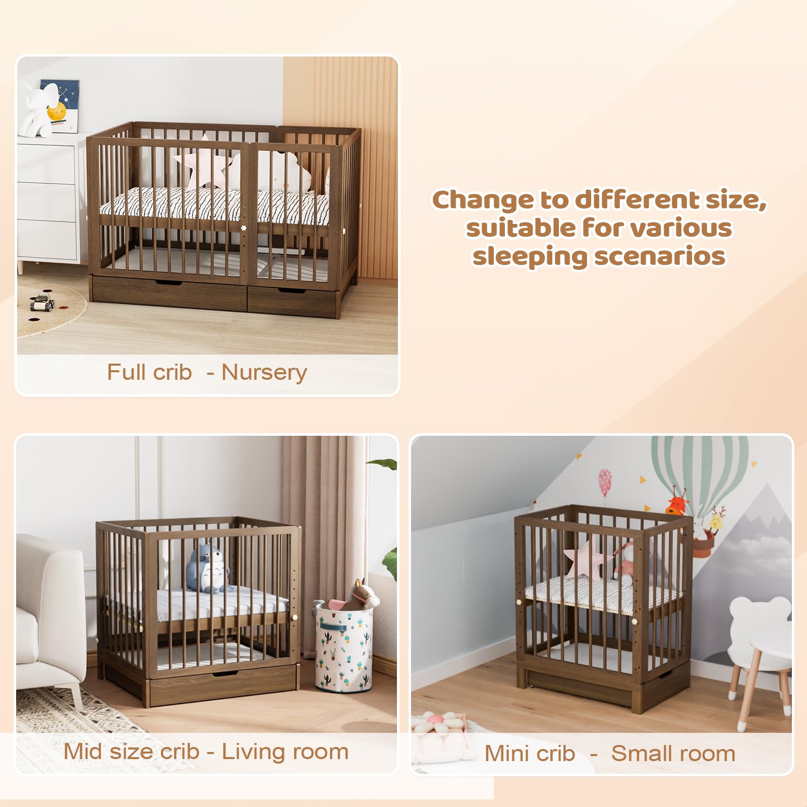 JOYMOR 8-in-1 Convertible Baby Crib with Storage Drawer - Includes 2