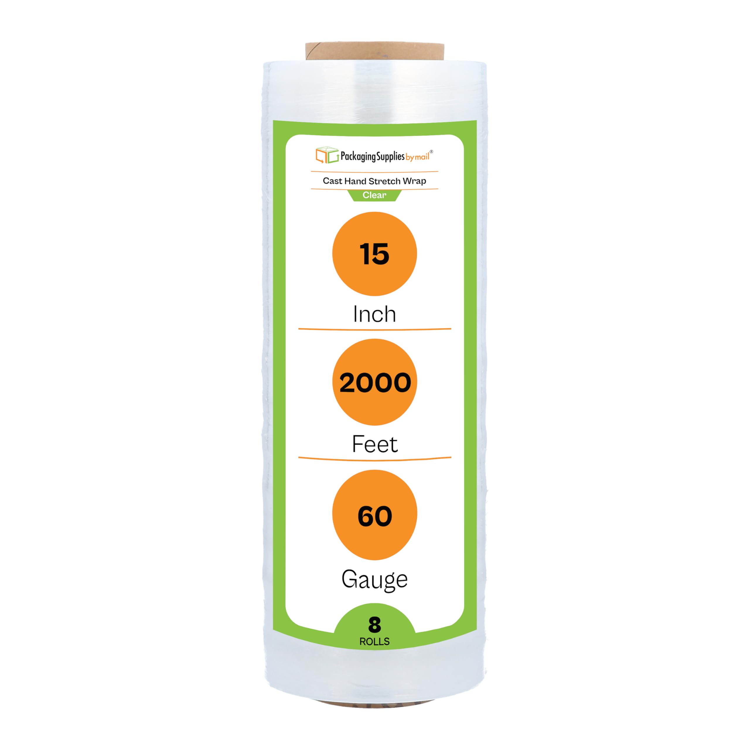 PSBM Stretch Wrap - 8 Pack, 15 Inch x 2000 Feet, 60 Gauge Clear Plastic Cling Film for Packaging, Moving & Pallet Wrapping | Heavy Duty Cast Hand Stretch Film Rolls for Secure Shipping & Storage
