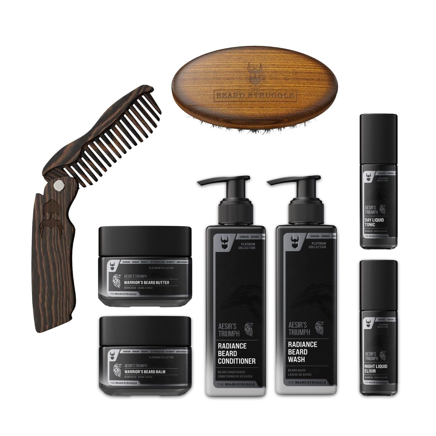 The Beard Struggle Ultimate Beard Growth Kit for Men - Balm, Butter, Brush, Comb, Oil, Wash & Conditioner | Moisturizing & Softening Beard Care Set | Aesir's Triumph Platinum Collection | Perfect for Daily Grooming & Styling