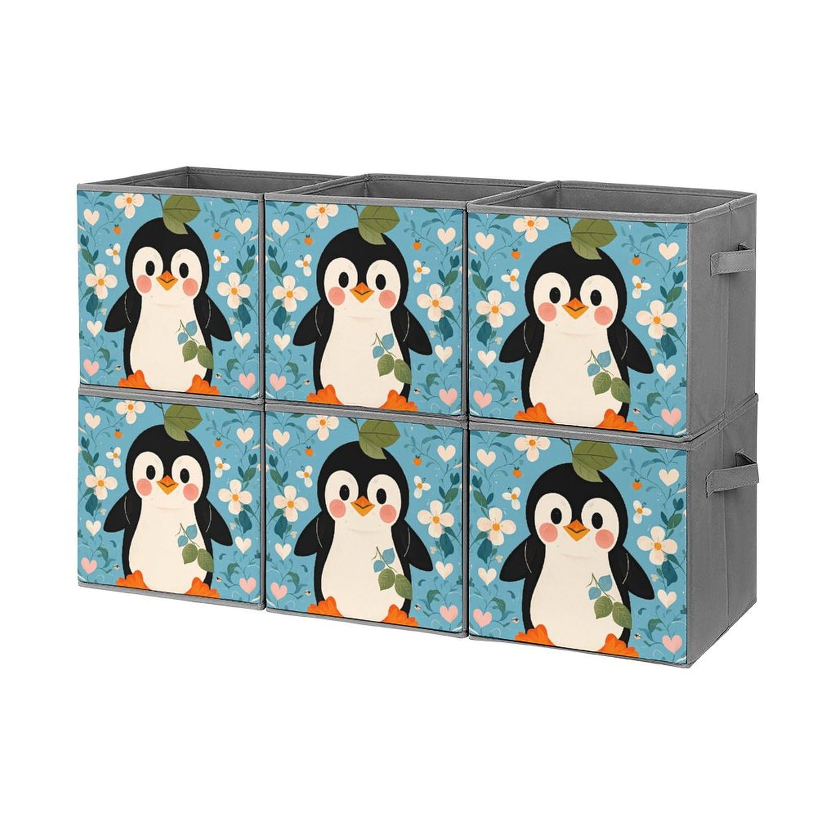 6PCS Collapsible Storage Bins with Handles - Cute Penguin Print Organizing Baskets for Shelves, Closet, Bathroom & Kids Room | Multi-Functional Foldable Storage Containers for Home Organization