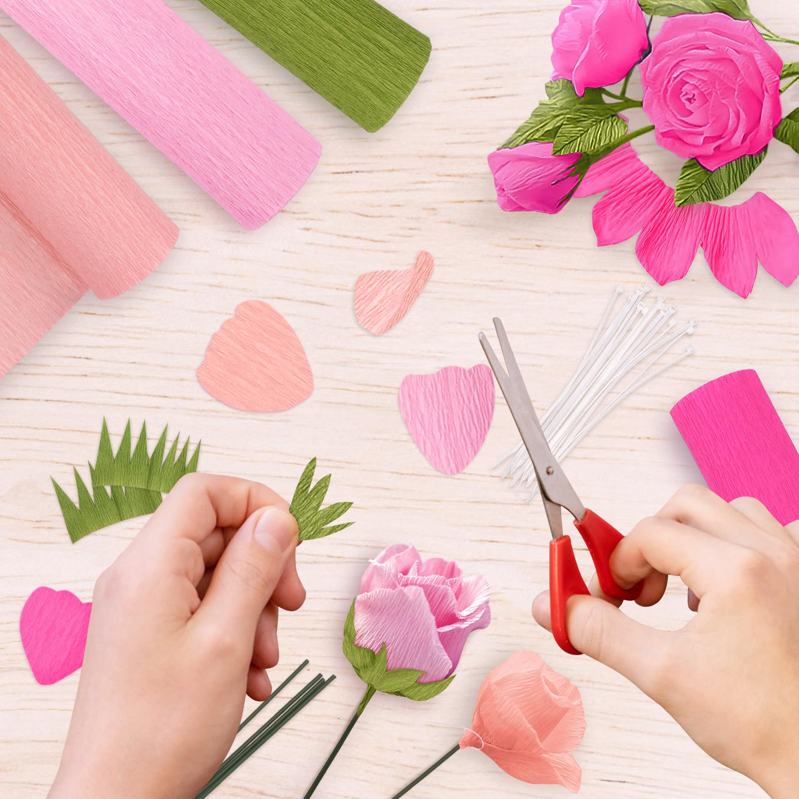 42 Pieces Pink Crepe Paper Flowers for DIY Crafts - Crepe Paper Rolls with Floral Tape & Iron Wire - Perfect for Wedding, Party, Festival Decorations & Handmade Floral Arrangements