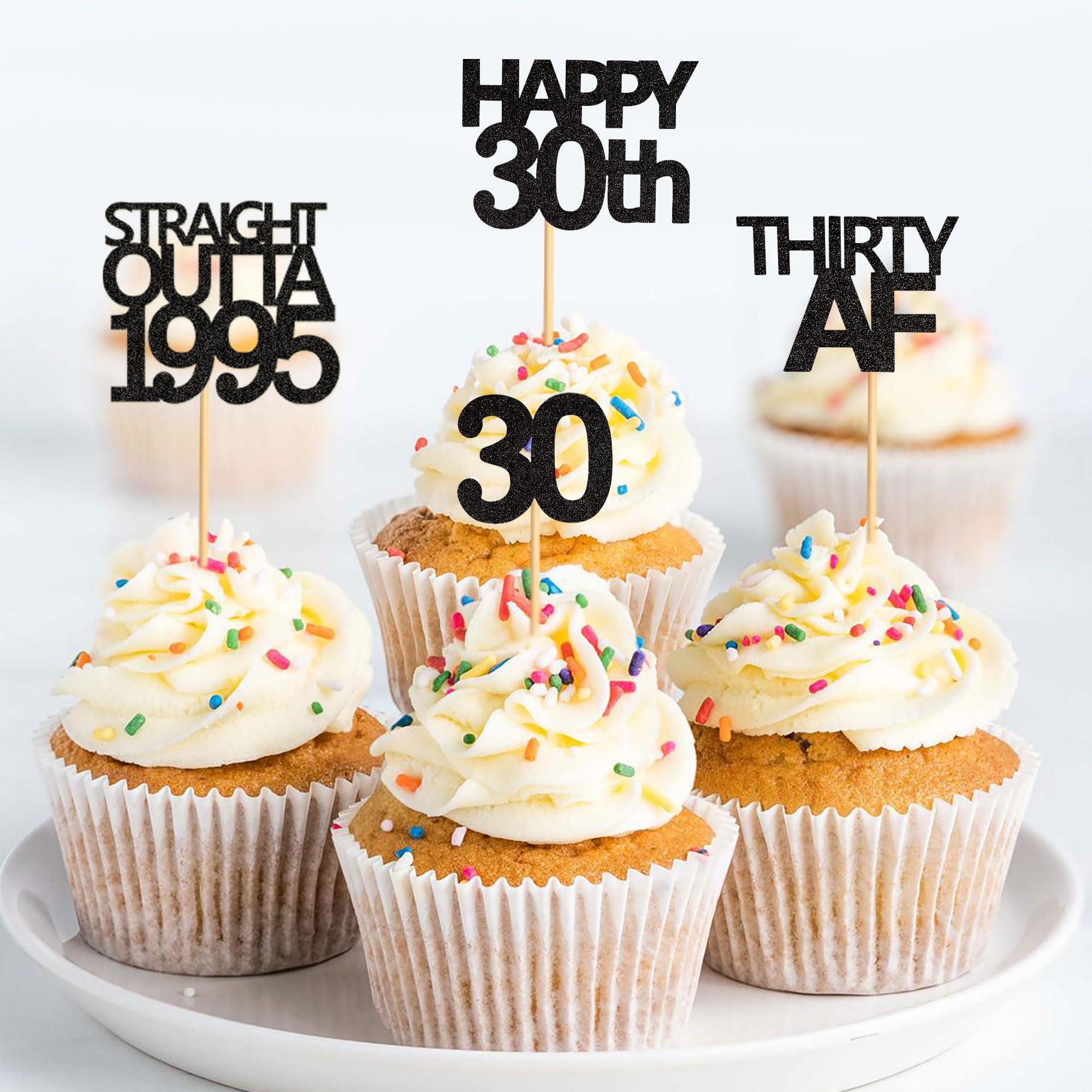 48 Pack Black Straight Outta 1995 Cupcake Toppers - Happy 30th Birthday Party Decorations, Thirty AF Cupcake Toppers for 30th Anniversary, Retro 90s Theme Party Supplies (Perfect for 1995 Birth Year Celebrations, Milestone Birthdays, and Nostalgic 90s Parties)
