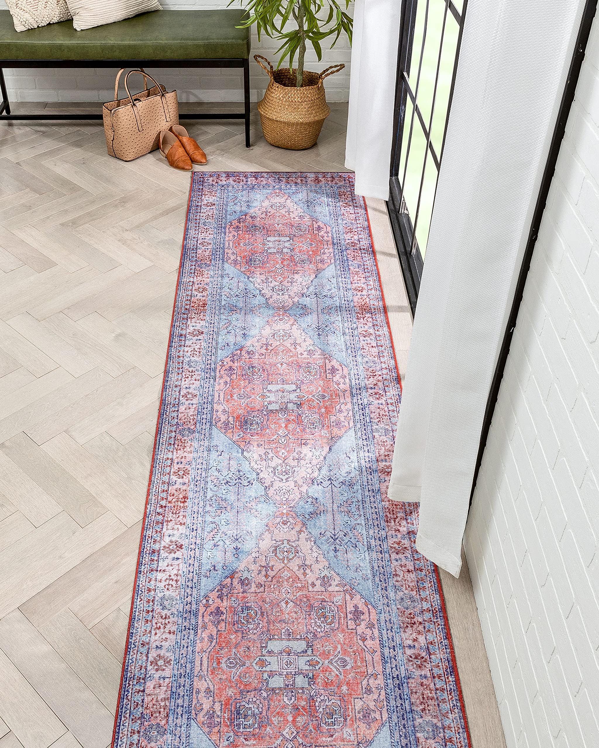 Well Woven Nile Gila Vintage Bohemian Medallion Oriental Blue Red Flat-Weave Distressed Runner Rug 2'6