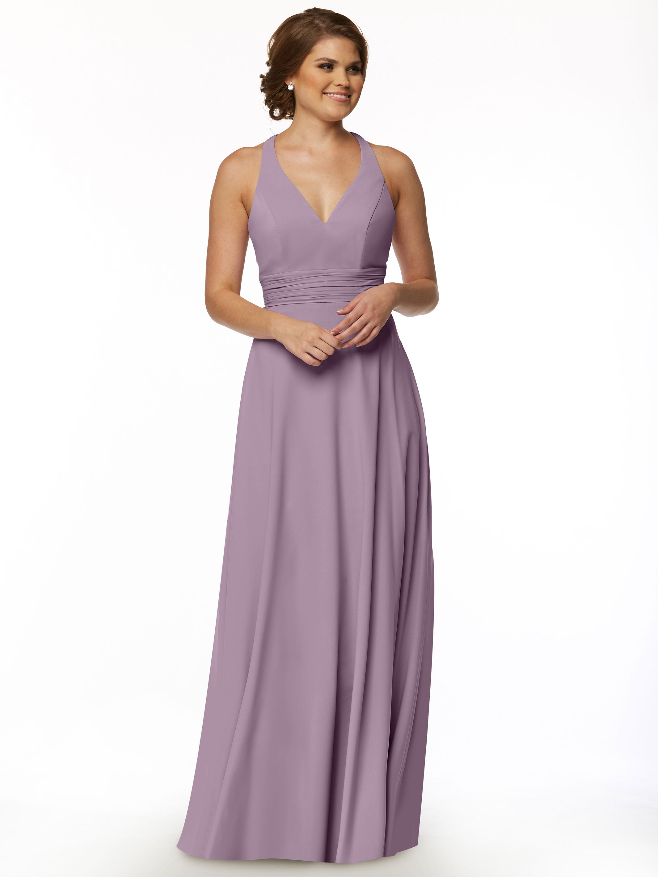 Elegant A-Line Stretch Chiffon Bridesmaid Dress with Halter V-Neck - Perfect for Weddings, Formal Events & Special Occasions