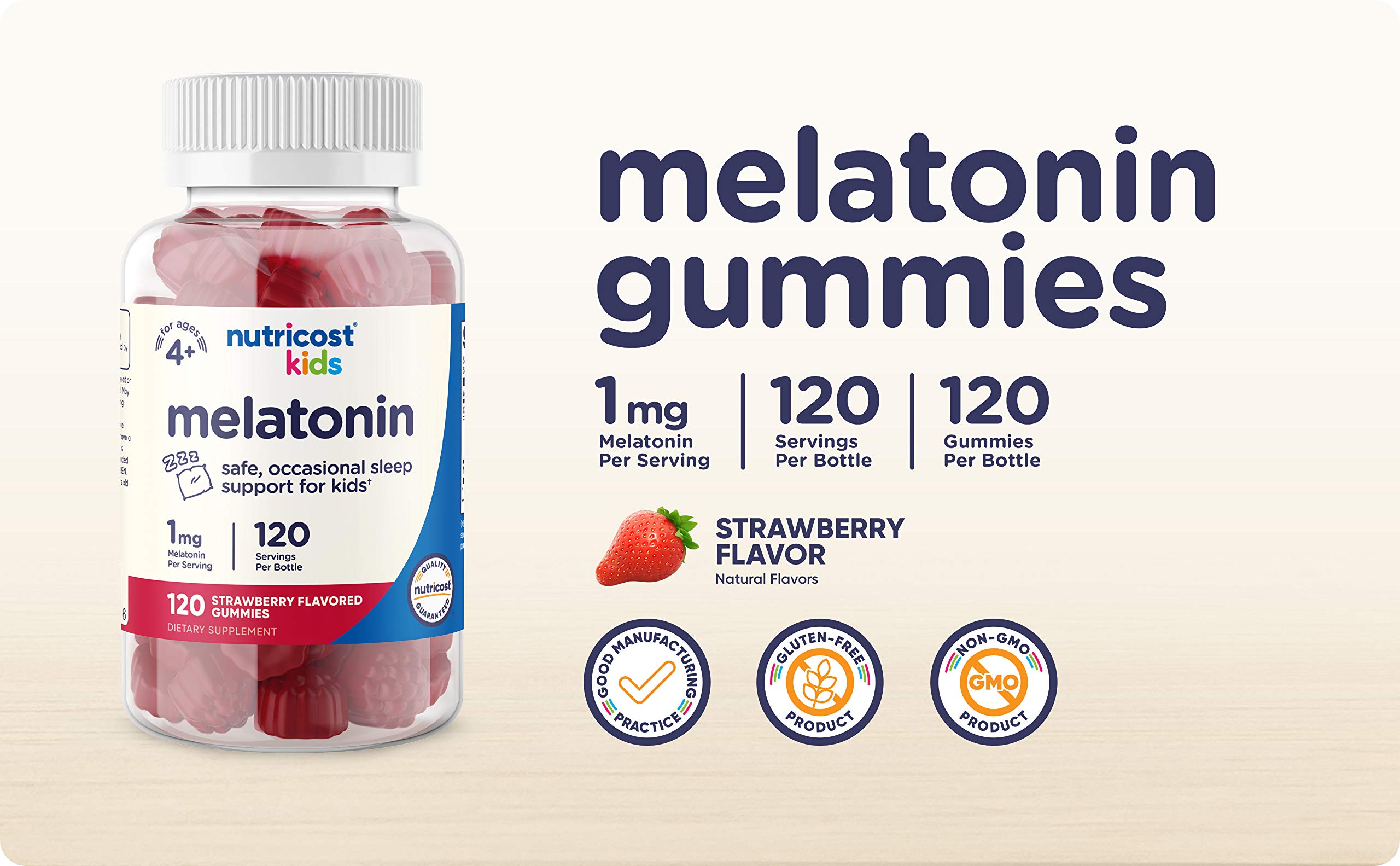 Nutricost Kids Melatonin 1mg Gummies - 120 Count Strawberry Flavored Sleep Aid for Children | Supports Bedtime Routine & Travel Sleep